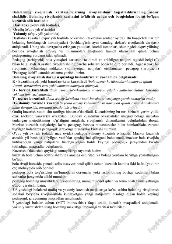 tlabki oraliq yakuniy pedagog izohi k b t d k b t d k b t d 1 jismoniy rivojlanish va sog‘lom turmush tarzining shakillanishi 1.1 kichik soha: yirik motorika 1. tovondan oyoq uchiga o'tgan tarzda yuradi 2. to'siqlardan hatlaydi yoki aylanib o'tadi 3. gimnastika skameykasi bo'ylab muvozanatni saqlagan holda qadamma-qadam yuradi 4. qiya taxta ustidan to'g'ri va yonbosh turgan holda yuradi 5. turlicha yugurish usullarini bajar-adi (ilonizi, egri-bugri, mokisim-on, to'siqlarni yengib o'tgan holda) 6. turli usullarda sakraydi 7. bir nechta buyum ustidan sakrab o'tadi 8. qorinda yotgan holda qo'li bilan tortilib emaklaydi 9. gimnastika narvoni bo'ylab tirmashadi 1.2 kichik soha: mayda motorika 1. yuzalikda turli chiziqlar chizadi (asfaltda klassik o'yini) 2. katta, o'rtacha va kichik o'yinchoqlarni hajmi bo'yicha mos keladigan qutilarga joylashtiradi 3. murakkab konstruksiyalarni yig'adi 4. qopchadagi o'yinchoqlarni paypaslab aytib bera oladi 5. qog'ozni chiziq bo'yicha mustaqil qirqadi № rivojlanish sohasi / kutilayotgan natija dastlabki oraliq yakuniy pedagog …