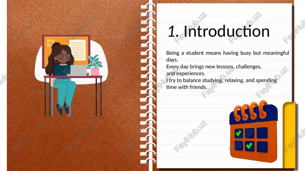 reviewed lessons. helped my parents with small household chores. 4. afternoon classes science and computer studies in the afternoon. learned how to make simple presentations on the computer. i enjoy these lessons because they help me understand technology. 3.university lessons first lesson: english – practiced speaking about weekend plans. second lesson: math – a bit difficult, but i took good notes. short break: shared snacks and laughed with classmates. 2. morning routine wake up at 6:30 a.m. and get ready for school. have a light breakfast and walk to school with friends. enjoy the fresh morning air and friendly conversations. 1. introduction being a student means having busy but meaningful days. every day brings new lessons, challenges, and experiences. i try to balance studying, relaxing, and spending time with friends. plan: 1. introduction 3.university lessons 2. morning routine 4. afternoon classes 5. after university 6. reflection 7. conclusion 6. reflection …