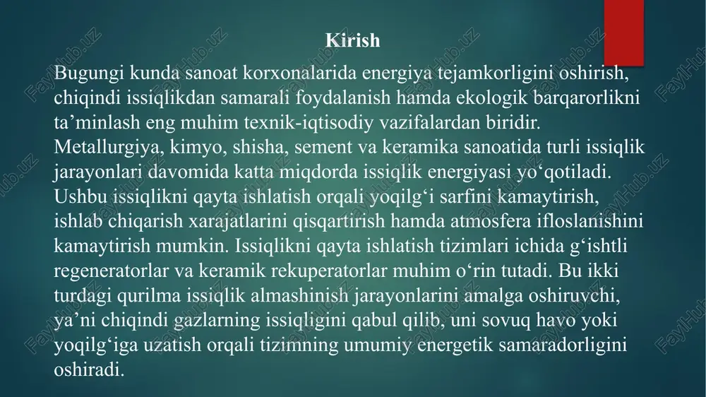 ganida g‘ishtlar issiqlikni yutadi. keyin gaz oqimi to‘xtatiladi va sovuq havo shu g‘ishtlardan o‘tganda u issiqlikni oladi. bu jarayon navbatma-navbat davom etadi, natijada havoning harorati oshadi va yoqilg‘ining yonish samaradorligi ortadi. afzallik va kamchiliklari afzalliklari: yuksak haroratda (1300°c gacha) ishlay oladi; katta hajmdagi issiqlikni saqlaydi; qisqa vaqt ichida yuqori issiqlik berish imkoniyati mavjud. kamchiliklari: o‘lchami katta va og‘ir; haroratni o‘zgartirish jarayoni sekin; termik zarba tufayli g‘ishtlarning yorilishi mumkin. tuzilishi gʻishtli regeneratorlar quyidagi asosiy qismlardan iborat: korobka (kamerasi) — metall yoki beton qobiq; shamotsimon gʻishtlar bilan toʻldirilgan qatlam — issiqlik saqlovchi material; gaz va havo kirish/chiqish kanallari — issiqlik almashinuvi uchun; klapanlar tizimi — oqim yoʻnalishini almashtirib turadi. qoʻllanilish sohalari metallurgiya pechlarida (masalan, marten yoki domna pechlari); shisha eritish pechlarida; sanoat quritish tizimlarida; energetika sohasida — issiqlikni tejash va samaradorlikni oshirish uchun. keramik rekuperatorlarning tuzilishi va afzalliklari rekuperator — bu uzluksiz ishlaydigan issiqlik almashinish qurilmasi bo‘lib, u chiqindi gazlar va sovuq …