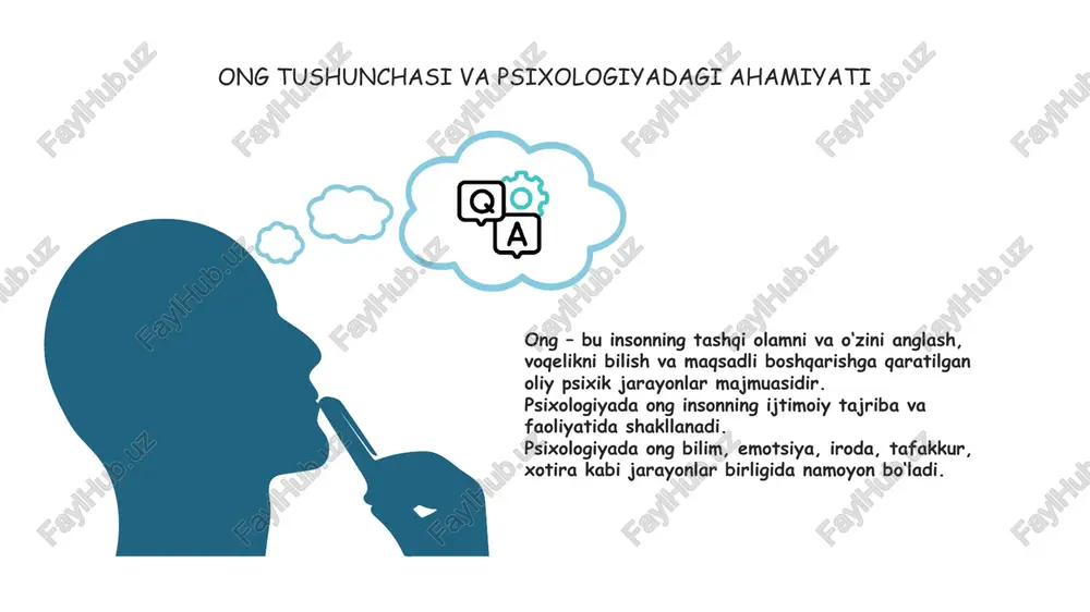 staklar va emosiyalar ham faol namoyon bo‘ladi. bu bosqichda ong taraqqiyoti ijtimoiy faoliyat, mehnat, kasbiy faoliyat va shaxsiy hayot bilan chambarchas bog‘liq. a.n.leontyevning faoliyat nazariyasiga ko‘ra, inson ongini mehnat va ijtimoiy faoliyat doimiy ravishda rivojlantirib boradi. shaxsiy qarashlar, e’tiqodlar, hayotiy tajriba va bilimlar chuqurlashadi. refleksiya va ongli nazorat barqarorlashadi, biroq qarilik davrida kognitiv jarayonlarda sekinlashish kuzatilishi mumkin. ongsizlik fenomeni shaxsning anglamagan, lekin xatti-harakat va qarorlariga ta’sir ko‘rsatadigan psixik jarayonlar yig‘indisidir. z. freyd (1900) psixoanalizda bu tushunchani keng o‘rgangan freydga ko‘ra, ong — aysbergning faqat ustki qismi, ongsizlik esa chuqur qatlamlarda yotadi. ongsizlik instinktlar, mayillar, orzular va qo‘rquvlarni o‘z ichiga oladi ong (conscious) – 10% atrofida ong osti (preconscious) – 10–15% atrofida ongsizlik (unconscious) – 75–80% ongsizlik fenomeni ongsizlik fenomeni ong osti fenomeni ong osti (subconscious) fenomeni psixologiya va psixoanalizda inson ong faoliyatining maxsus darajasi sifatida talqin qilinadi. ilmiy ta’riflarda quyidagicha izohlanadi ilmiy ta’rif: ong osti — bu ongli idrok va …