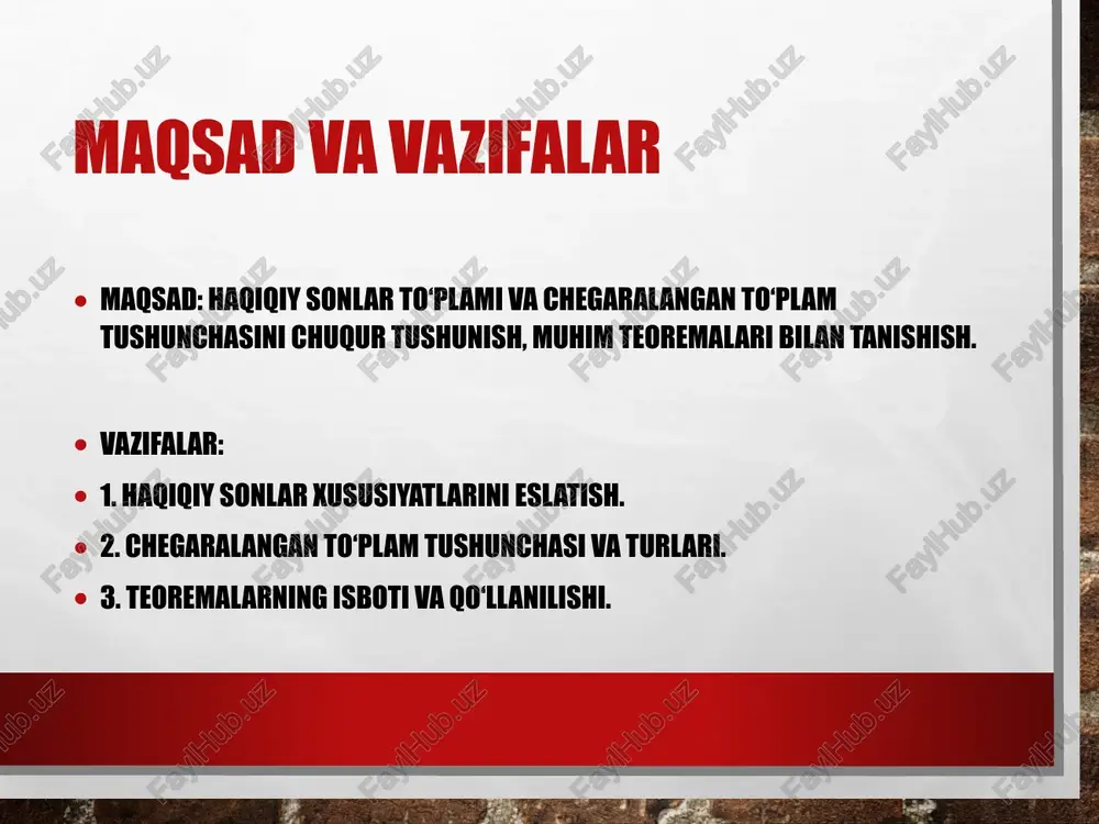 g to‘liqligini ta’minlaydi. haqiqiy sonlar ustida amallarni o‘rganish, chegaralanganlik tushunchasini tahlil qilish va supremum hamda infimum kabi asosiy xususiyatlarni anglash matematik analizning negizini tashkil etadi. chegaralangan to‘plamlar va ularning teoremalari, xususan bolzano–weierstrass teoremasi, limitlar, ketma-ketliklar va uzluksizlik kabi tushunchalarni chuqurroq tushunish imkonini beradi. bu bilimlar nafaqat nazariy jihatdan, balki amaliy matematik modellashtirish, iqtisodiy tahlil, fizika va texnologiya sohalarida ham keng qo‘llaniladi. shunday qilib, haqiqiy sonlar va chegaralangan to‘plamlar haqidagi bilim — har qanday matematik tafakkurning mustahkam poydevori bo‘lib, u orqali biz cheksizlik va aniqlik o‘rtasidagi nozik muvozanatni tushunamiz. manbalar 1. rudin w., principles of mathematical analysis 2. apostol t., mathematical analysis 3. kurs kitoblari va maqolalar 4. www.khanacademy.org 5. mathworld.wolfram.com image4.png image5.jpg image6.jpg image7.jpg image3.jpg /docprops/thumbnail.jpeg