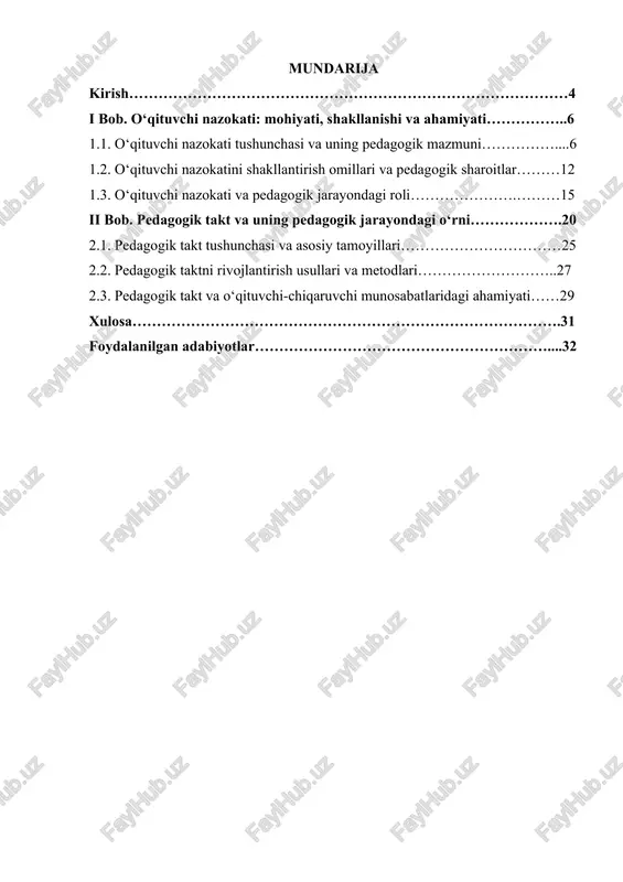 ivojlanishi va individual ehtiyojlarini hisobga olgan holda amalga oshiriladi. shu ma’noda, pedagogik takt nafaqat o‘qituvchining shaxsiy fazilatlarini, balki pedagogik faoliyatning metodik va didaktik jihatlarini ham qamrab oladi. tadqiqotlar shuni ko‘rsatadiki, o‘qituvchi nazokati va pedagogik takt o‘quvchilarning ta’limga bo‘lgan qiziqishini oshirish, darslarda faol ishtirok etish va ijobiy xulq-atvorni shakllantirishga bevosita ta’sir ko‘rsatadi. shu bilan birga, o‘qituvchi nazokati va pedagogik taktning nazariy asoslari tarixiy pedagogik manbalarda ham keng yoritilgan. mashhur pedagoglar va faylasuflarning qarashlari shuni ko‘rsatadiki, ta’lim-tarbiya jarayonida o‘qituvchining shaxsiy fazilatlari va pedagogik taktni qo‘llash qobiliyati o‘quvchilarning bilim, ko‘nikma va axloqiy fazilatlarini shakllantirishda asosiy omillardan biridir. bugungi kunda zamonaviy pedagogik texnologiyalar va pedagogik innovatsiyalar doirasida o‘qituvchi nazokati va pedagogik taktni rivojlantirish masalasi yanada dolzarb ahamiyat kasb etmoqda. pedagogik jarayonning samarali va sifatli tashkil etilishi ko‘p jihatdan o‘qituvchining shaxsiy pedagogik salohiyati va pedagogik madaniyatiga bog‘liqdir. o‘qituvchi nazokati va pedagogik takt tushunchalari ta’lim sifatini oshirish, o‘quvchilarning bilim va ko‘nikmalarini shakllantirish hamda tarbiyaviy maqsadlarga erishishda …