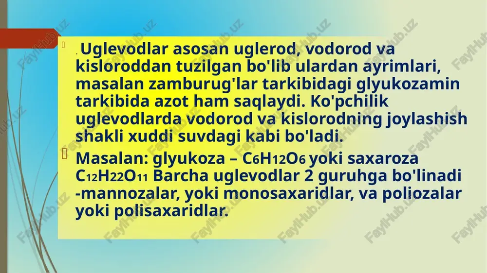 ddalar. ularga murakkab qantlar yoki yuqori tartibli polisaxaridlar kiradi. 3. struktura va skilet moddalar. ularga oligosaxaridlar va yuqori tartibli polisaxaridlar kiradi. yuqorida ta'kidlaganimizdek polisaxaridlar yoki murakkab qandlar 2 xil bo'ladi: birinchi tartibli polisaxaridlar va yuqori tartibli polisaxaridlar. birinchi tartibli polisaxaridlarning yana bir nomi oligosaxaridlardir. (lotincha «oligos»-ko'p bo'lmagan ). ikki-(di-) uch-(tri-), to'rt-tetrasaxaridlar, bir nechta monosaxaridlardan yoki monozalardan hosil bo'ladi. disaxaridlar - ikki molekula geksoza, ikki molekula pentoza yoki geksoza va pentozadan hosil bo'lishi mumkin va bunda bir molekula suv ajralib chiqadi: c6n12o12 + c6n12o12 = n2o+s12n12o11 takrorlash uchun savollar: 1. uglevodlar nima? 2. uglevodlarning biologik funksiyalari qanday? 3. uglevodlarning sinflanishi? 4. monosaxaridlarning turkumlanishi? 5. monosaxaridlarning izomerlanishi? 6. monosaxaridlarning oksidlanish va qaytarilish mahsulotlari? 7. tabiatda keng tarqalgan pentozalar va geksozalar? 8. monosaxaridlarning piran va furan ko'rinishidagi formulasini yozing? /docprops/thumbnail.jpeg