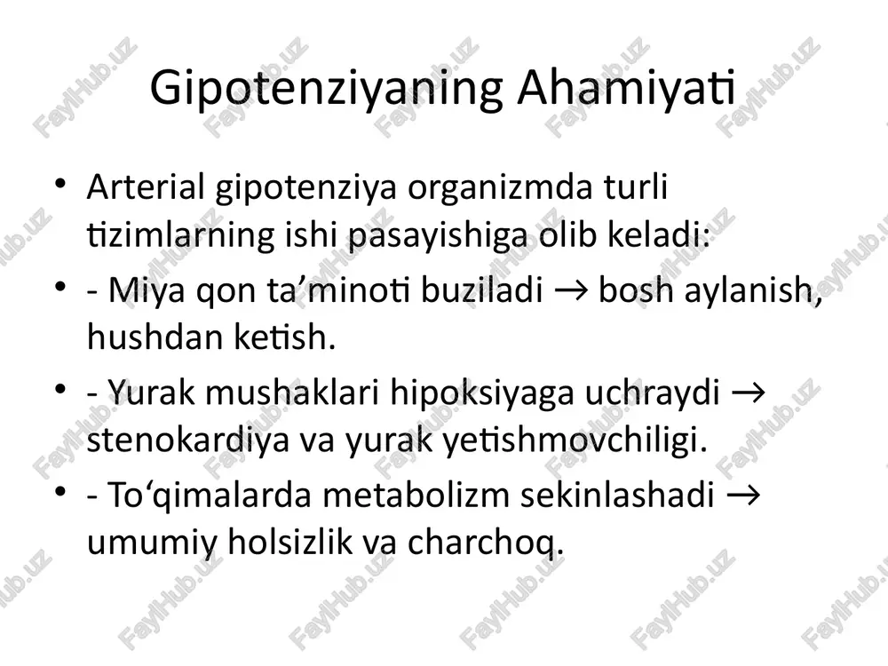 hi. - ko‘ngil aynish, sovuq ter. asoratlar uzoq davom etgan gipotenziya quyidagi oqibatlarga olib kelishi mumkin: - miya hipoksiyasi → xotira pasayishi. - yurak mushaklarida kislorod yetishmovchiligi. - homiladorlarda platsenta yetishmovchiligi. - sinkope (hushdan ketish). diagnostika tekshirish usullari: - arterial bosim monitoringi (sutkalik). - ekg va eko. - qon tahlillari (glyukoza, elektrolitlar, tsh). - ortostatik test. sababni aniqlash davolashni belgilaydi. davolash arterial gipotenziyada terapevtik yondashuv: - to‘g‘ri uyqu va dam olish. - tuz miqdorini oshirish. - adaptogenlar: jenshen, eleuterokokk. - asosiy sababni aniqlab davolash. o‘tkir gipotenziyada vena ichiga suyuqlik va vazopressorlar beriladi. profilaktika gipotenziyani oldini olish uchun: - sog‘lom turmush tarziga rioya qilish. - muntazam jismoniy faoliyat. - suv ichish tartibini me’yorda ushlash. - stressdan saqlanish. xulosa arterial gipotenziya ko‘p sababli patologiya bo‘lib, uning patogenezini tushunish davolash uchun muhimdir. sababni aniqlash, to‘g‘ri tashxis qo‘yish va zamonaviy muolaja usullarini qo‘llash gipotenziya oqibatlarini bartaraf etishga yordam beradi. /docprops/thumbnail.jpeg