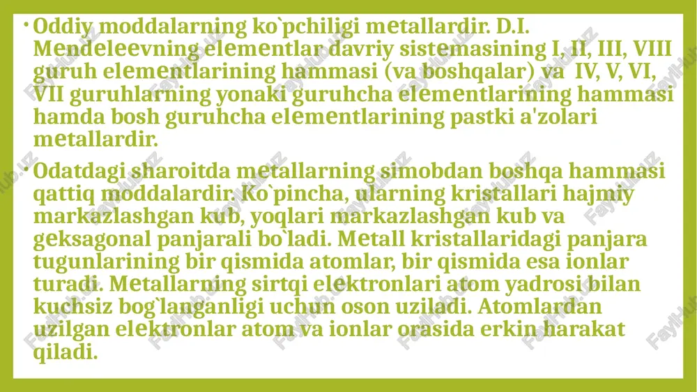 dlari ortib boradi. eng passiv metallar asl metallardir. ular elektronlarini nihoyatda qiyin yo`qotadi. ularning ionlanish potentsiali kattadir. metallarni faolligiga ko`ra bir qatorga terish mumkin. bunday qator metallarning aktivlikka (faollik) qatori deyiladi. eng muhim metallarning aktivlik qatori quyidagichadir: demak, bu qatorda chapdan o`ngga borgan sari metallarning valent elektronlari bilan yadroning bog`lanish kuchi ortib boradi, ya'ni metallarning faolligi kamayib boradi. qatorning chap tomonidagilari elektronini oson yo`qotib qaytaruvchi bo`lsa, o`ng tomondagilari esa buning aksidir. shuning uchun ham chapdagi metallar tabiatda erkin holda uchramaydi. o`ng tomondagi masalan, oltin erkin holda uchraydi. metallarning bu xossalarini akademik n.n. beketov (1926-1911) birinchi tekshirgan edi. eng passiv metallar asl metallardir. ular elektronlarini nihoyatda qiyin yo`qotadi. ularning ionlanish potentsiali kattadir. metallarni faolligiga ko`ra bir qatorga terish mumkin. bunday qator metallarning aktivlikka (faollik) qatori deyiladi. eng muhim metallarning aktivlik qatori quyidagichadir: 11 faollik qatorida vodoroddan oldin turgan metallar suyultirilgan kislota eritmalaridan vodorodni siqib chiharadi. vodoroddan keyin turgan metallar esa kislotalardan …