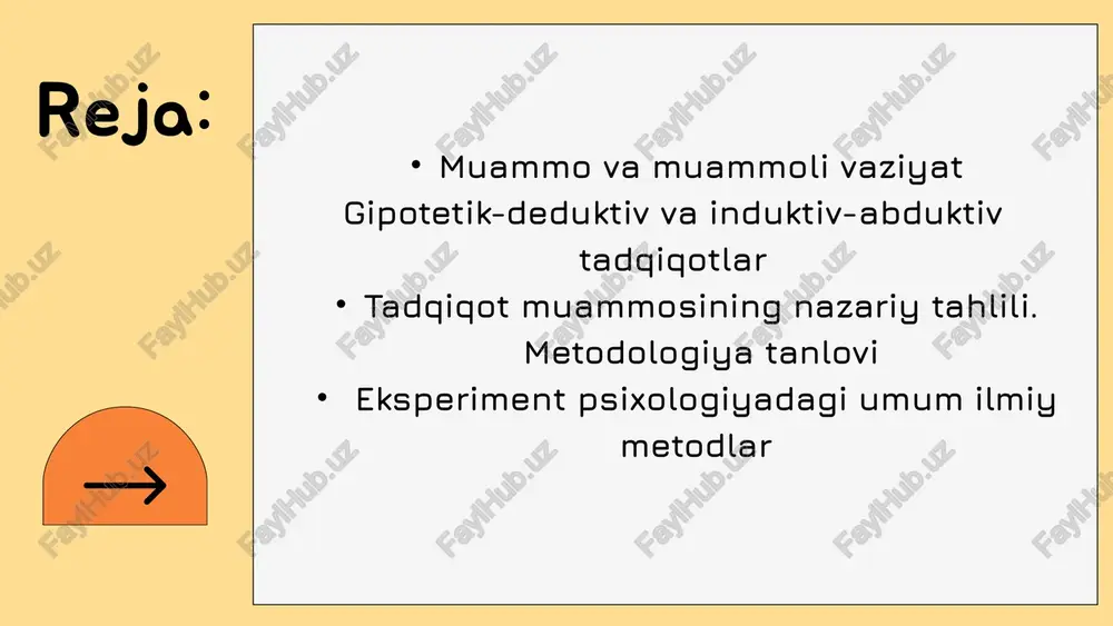 lanilishi mumkin. sifatli metodlar eksperimentlarda ham qo‘llanilishi mumkin — bu holatda ular gipotezalarni tekshirish uchun ishlatiladi. miqdoriy metodlar esa izlanish tadqiqotlari kontekstida qo‘llanilishi mumkin, masalan, psixologik o‘zgaruvchilarning ko‘p o‘lchovli o‘lchovlari holatida empirik umumlashtirishga xizmat qiladi. bunday hollarda olingan ma’lumotlar eksplorator faktor tahlili yordamida qayta ishlanadi, bu esa o‘zgaruvchilar o‘rtasidagi bog‘liqliklar haqida oldindan nazariy gipoteza bo‘lmasa ham yashirin o‘zgaruvchilarni (faktorlarni) aniqlash imkonini beradi. 2. tadqiqot muammosining nazariy tahlili. metodologiya tanlovi. tadqiqot “maqsadi”; “vazifasi”; “ob`ekti”; “predmeti” tushunchalarini aniqlashtirish va o`zaro munosabatlari asosiy tushunchalarning interpretatsiyasi va opresionlashtirish. tadqiqot farazi. farazning ko`rinishlari va funksiyasi. farazga qo`yiladigan talablar. tadqiqot muammosi — bu ilmiy izlanishga asos bo‘ladigan, hali to‘liq yechilmagan yoki ziddiyatli holatni ifodalaydi. nazariy tahlil — muammoni chuqur tushunish uchun mavjud adabiyotlar, nazariy yondashuvlar, ilgari o‘tkazilgan tadqiqotlar asosida tahlil qilish jarayoni. tadqiqot muammosining nazariy tahlili bu bosqichda tadqiqotchi: muammoning dolzarbligini asoslaydi, mavjud yondashuvlar orasidagi bo‘shliqlarni aniqlaydi, o‘z tadqiqotining nazariy poydevorini quradi. tushuncha ta’rifi o‘zaro munosabati …