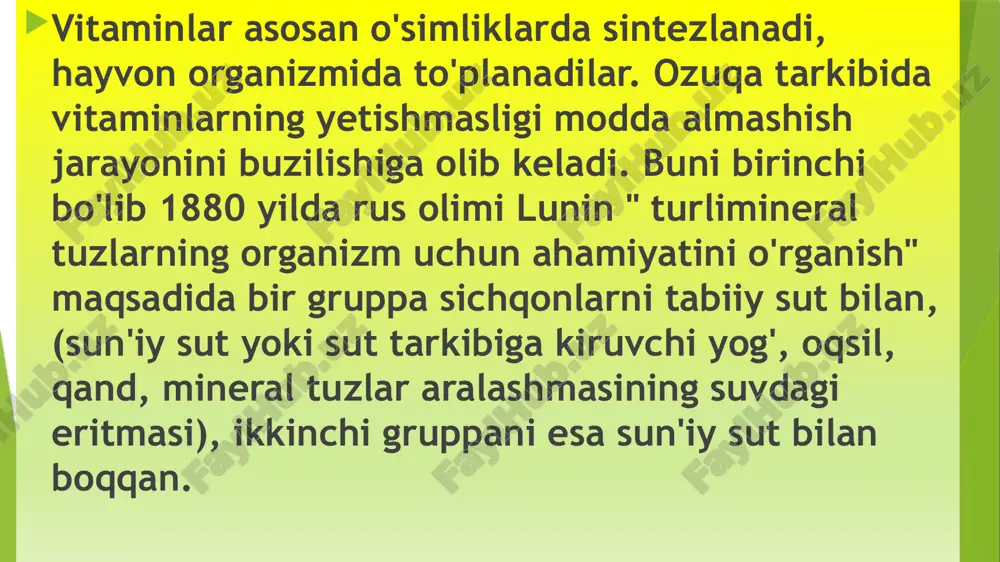 adi. yog'da eriydigan vitaminlar a-guruhidagi vitaminlar. a-guuruxidagi vitaminlar asosankarotinni hosilalari hisoblanadi. ular ham karotin singari suvda erim aydilar ammo turli xil organik erituvchilarda va yog'da eriydilar. vitamin a-ning ovqat tarkibida bo'lmasligi organizmning turli kasalliklarga chidamliligini, o'sish qobiliyatini, ko'rish qobiliyatini susaytiridi. a-guruh asosan hayvonlar to'qimasida, hayvonlar go'shtidan tayyorlangan mahsulotlar tarkibida uchraydi ammo ular o'simliklar tarkibida uchramaydi. vitamin a-karotinoidlarning hosilasi hisoblanadi. olib borilgan izlanishlar natijasi shundan dalolat beradiki hayvonlar organizmida o'simliklardan olingan karotin osobiy fermentlar ta'sirida vitamin a-ga aylantiriladi. dalillar shuni ko'rsatadiki karotin pirovitamin a hisoblanar ekan. vitamin a-ning eng boy bo'lgan manbai bu baliq va dengiz hayvonlarining yog'lari hisoblanar ekan . inson ozuqasida a vitaminga boy bo'lgan mahsulotlar - ko'katlar, sabzi, pomidor va sariyog' tuxum sarig'i hisoblanadi. shuni ta'kidlash kerakki yoz faslidagi sut, sariyog' va tuxum tarkibidagi a-vitamin qish faslidagisiga nisbatan juda yuqori sababi yashil xashaklar tarkibidagi karotin miqdorining yuqoriligidadir. d-vitaminlar guruhi - ovqat tarkibida bu vitaminlarning etishmasligi raxit kasalligini keltirib …