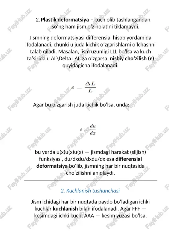’sirida modellashtirish. · materialshunoslik – metall, beton yoki plastmassa materiallarning cho‘zilish xossalarini o‘lchash. · biomexanika – inson suyaklari va mushak to‘qimalarining kuchlanish-ta’sir modellarini ishlab chiqish. xulosa differensial hisob deformatsiya va kuchlanish tahlilida jismning har bir nuqtasidagi o‘zgarishni aniqlashga imkon beradi. u orqali elastiklik, mustahkamlik, egilish va tebranish jarayonlari aniqlanadi. shunday qilib, differensial tahlil mexanikadagi eng asosiy matematik vosita bo‘lib, u orqali real konstruksiyalarning mustahkamlik shartlari, xavfsizlik koeffitsientlari va ishlash muddatlari aniqlanadi. bu yondashuv nafaqat nazariy mexanika, balki muhandislik, qurilish va aerokosmik texnika sohalarida ham keng tatbiq etiladi. image6.png image7.png image8.png image9.png image10.png image11.png image12.png image1.png image2.png image3.png image4.png image5.png