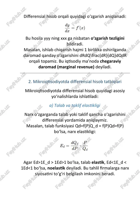 iqtisodiy tizimning uzoq muddatli muvozanati (steady state) aniqlanadi. b) inflyatsiya darajasi narxlar darajasi p(t)p(t)p(t) bo‘lsa, inflyatsiya differensial orqali aniqlanadi: π=dpdt⋅1p\pi = \frac{dp}{dt} \cdot \frac{1}{p}π=dtdp​⋅p1​ bu formuladan ko‘rinadiki, inflyatsiya — bu narxlarning vaqt bo‘yicha o‘sish tezligi. c) foiz stavkalari va kapital o‘sishi kapitalning uzluksiz o‘sishi quyidagicha differensial tenglama bilan ifodalanadi: dkdt=rk\frac{dk}{dt} = rkdtdk​=rk bu yerda rrr — foiz stavkasi. yechim: k(t)=k0ertk(t) = k_0 e^{rt}k(t)=k0​ert bu formula uzluksiz foiz hisobida ishlatiladi va kapitalning eksponentsial o‘sishini ko‘rsatadi. d) is-lm modeli makroiqtisodiyotda is-lm modeli iqtisodiy muvozanatni differensial tenglamalar yordamida tahlil qiladi. masalan, tovar bozori va pul bozori muvozanati quyidagicha ifodalanadi: y=c(y−t)+i(r)+gy = c(y - t) + i(r) + gy=c(y−t)+i(r)+g m/p=l(r,y)m/p = l(r, y)m/p=l(r,y) bu ikki tenglama differensial tahlil orqali dydydy va drdrdr o‘zgarishlarining ta’sirini o‘rganish imkonini beradi, ya’ni fiskal va monetar siyosatning qisqa muddatli ta’sirini baholashga yordam beradi. 4. amaliy qo‘llanishlar differensial hisob iqtisodiy tahlilning barcha bosqichlarida ishlatiladi: · narx siyosatini optimallashtirish; · ishlab …