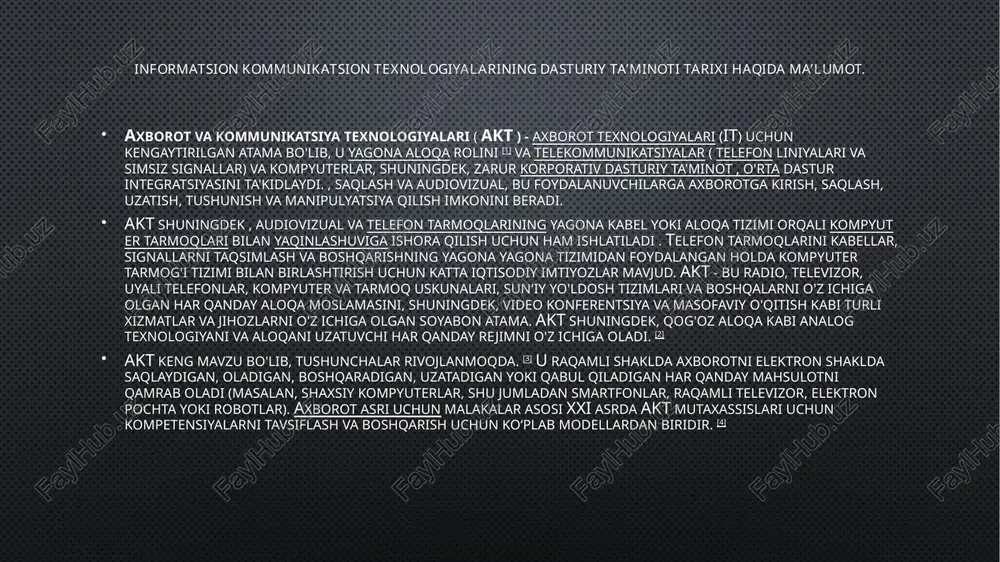 ilida bu atama software yaʼni „soft“ — yumshoq, „ware“ — „mahsulot“ degan maʼnoni bildiradi. dasturiy taʼminot 3 guruhga boʻlinadi: 1-sistema dasturlari (unga turli yordamchi vazifalarni bajaruvchi dasturlar kiradi: task manager (windows osda mavjut)), 2-amaliy (unga foydalanuvchiga aniq bir foydalanish sohasida maʼlumotlarga ishlov berish va qayta ishlashni amalga oshiruvchi dasturlar, masalan : microsoft office, adobe cc), 3-uskunaviy dasturlar (bular dasturlash uchun ishlatiladigan dasturlar) dasturiy ta’minot nima? kompyuterning dasturiy ta'minotiinformatikada kompyuter texnikasini quyidagi ikki qismning birligi sifatida qaraladi:texnik vositalar;dasturiy vositalar.texnik vositalar– kompyuterning qurilmalaridir. ingliz tilida bu qism hardware debataladi va "qattiq mahsulotlar” deb tarjima qilinadi. bu qismga, masalan, protsessor, vinchester,monitor, klaviatura diskyurituvchi, printerlarni misol qilish mumkin.dasturiy vositalar– kompyuter tomonidan ishlatiladigan barcha dasturlar to’plamidir.ingliz tilida bu qism software deb ataladi va "yumshoq mahsulotlar” deb tarjima qilinadi. buso'z dasturiy ta’minot bilan kompyuterlarning mutanosibligini, dasturlarning takomillashishi,rivojlanishi va moslashuvchanligini ifodalaydi.bundan tashqari informatikada yana bir yo’nalish brainware (brain inlizchadan tarjimasi– intellekt, ong) – algoritmik yo’nalish ajratiladi. bu …