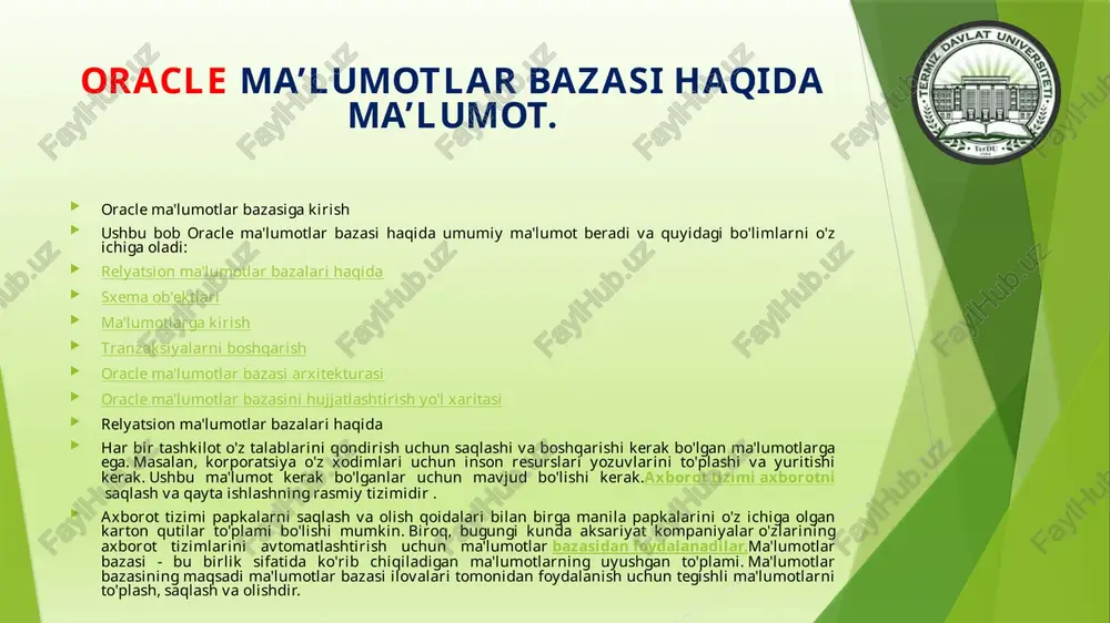 -quvvatladi. 6-versiya diskni kiritish-chiqarish, qatorlarni blokirovka qilish, kengayish, zaxiralash va tiklash kabi yaxshilanishlarni olib keldi. shuningdek, 6-versiya pl/sql tilining birinchi versiyasini, sql uchun xususiy protsessual kengaytmani taqdim etdi. pl/sql saqlangan dastur birliklari 1992 yilda chiqarilgan oracle7 pl/sql saqlangan protseduralar va triggerlarni taqdim etdi . ob'ektlar va qismlarga ajratish oracle8 1997 yilda ko'plab yangi ma'lumotlar turlarini qo'llab-quvvatlovchi ob'ektga aloqador ma'lumotlar bazasi sifatida chiqarilgan. bundan tashqari, oracle8 katta jadvallarni qismlarga ajratishni qo'llab-quvvatladi. internetda hisoblash 1999-yilda chiqarilgan oracle8 i database internet protokollari uchun mahalliy yordam va java uchun server tomonidan qoʻllab-quvvatlandi. oracle8 i ma'lumotlar bazasini ko'p darajali muhitda joylashtirish imkonini beruvchi internet-hisoblash uchun mo'ljallangan. oracle ma’lumotlar bazasini boshqarish tizimlari haqida. oracle ma'lumotlar bazasi arxitekturasi ma'lumotlar bazasi serveri axborotni boshqarishning kalitidir. umuman olganda, server ko'p foydalanuvchili muhitda katta hajmdagi ma'lumotlarni ishonchli boshqaradi, shunda foydalanuvchilar bir vaqtning o'zida bir xil ma'lumotlarga kirishlari mumkin. ma'lumotlar bazasi serveri shuningdek, ruxsatsiz kirishning oldini oladi va nosozliklarni tiklash uchun …