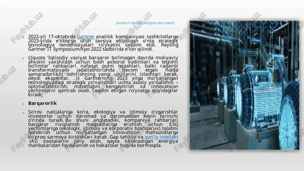 butun dunyo bo'ylab 150 milliard dollarga yetishi kutilmoqda. vstavte izobrajenie vremeni goda v vashey strane. 4 jahon it bozorining rivojlanish muammolari. digital client twin (dtoc) - bu xatti-harakatlarni modellashtiradigan, simulyatsiya qilishni o'rganadigan va oldindan ko'ra oladigan dinamik virtual mijoz modeli. model mijozlar tajribasini (cx) o‘zgartirish va takomillashtirish hamda mahsulotlar, xizmatlar va yangi xususiyatlarni raqamlashtirish bo‘yicha yangi sa’y-harakatlarni qo‘llab-quvvatlash uchun ishlatilishi mumkin. markazlashtirilmagan identifikatsion identifikator (dci) sub'ektga (odatda inson foydalanuvchisi) blokcheyn yoki boshqa taqsimlangan registr (dlt) texnologiyalari va raqamli hamyonlar kabi texnologiyalardan foydalangan holda o'z raqamli mulkini boshqarish imkonini beradi. raqamli odamlar interaktiv, ai tomonidan boshqariladigan ba'zi xususiyatlarga, shaxsiyatga, bilimga va inson tafakkuriga ega tasvirlardir. ichki iste'dod bozorlari ichki xodimlarga va ba'zi hollarda ish haqi to'lanadigan xodimlar puliga, vaqt cheklangan loyihalarga va ishga qabul qiluvchi ishtirokisiz turli xil ish imkoniyatlariga mos keladi. metaverse - bu virtual kengaytirilgan jismoniy va raqamli haqiqatning kombinatsiyasi natijasida hosil bo'lgan umumiy virtual uch o'lchovli makon. metavirtual …