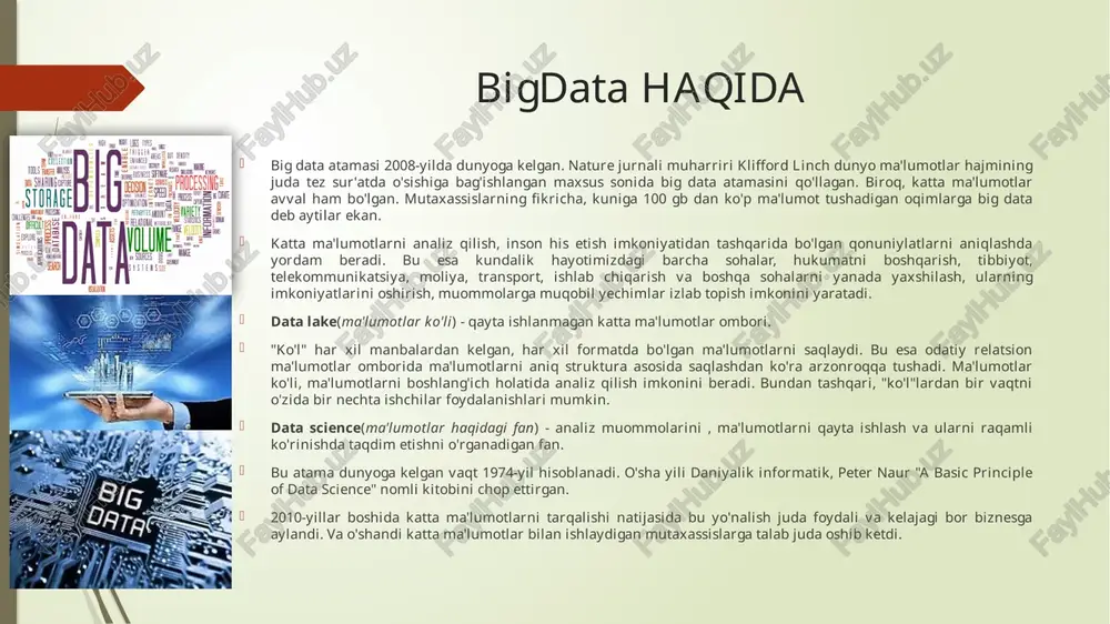 ends ma'lumotlariga ko'ra, ushbu mashhurlikning faol o'sishi 2011 yil oxiriga to'g'ri keladi: 2010 yilda katta ma'lumotlarni qayta ishlash bilan bevosita bog'liq bo'lgan birinchi mahsulotlar va echimlar paydo bo'ldi. 2011 yilga kelib, eng yirik it-kompaniyalar, shu jumladan ibm, oracle, microsoft va hewlett-packard, o'z biznes strategiyalarida big data atamasidan faol foydalanmoqdalar. asta-sekin, axborot texnologiyalari bozori tahlilchilari ushbu kontseptsiya bo'yicha faol izlanishlarni boshlaydilar. hozirgi vaqtda ushbu atama katta shuhrat qozondi va turli sohalarda faol qo'llanilmoqda. ammo katta ma'lumotlar bu mutlaqo mutlaqo yangi hodisa, deb aniq aytish mumkin emas, aksincha, katta ma'lumotlar manbalari ko'p yillar davomida mavjud bo'lgan. marketingda ularni mijozlar xaridlari, kredit tarixlari, turmush tarzi va hokazolarning ma'lumotlar bazasi deb atash mumkin. yillar davomida tahlilchilar ushbu ma'lumotlardan kompaniyalarga mijozlarning kelajakdagi ehtiyojlarini bashorat qilish, xatarlarni baholash, iste'molchilarning xohish-istaklarini shakllantirish va h.k. hozirgi vaqtda vaziyat ikki jihatdan o'zgargan: - turli xil ma'lumotlar to'plamlarini tahlil qilish va taqqoslash uchun yanada murakkab vositalar va usullar paydo bo'ldi; …