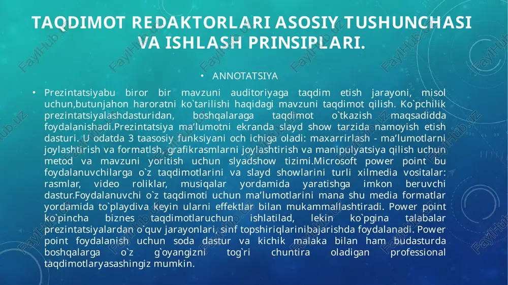 ti bilan powerpoint dasturidan qolishmaydigan ko`plab turlari ishlab chiqarilmoqda microsoft office, power point redaktorlarining taxlili. e’tiboringiz uchun rahmat! image2.png image4.png image5.jpeg image3.png image6.png image7.png image8.png image9.png image10.png image11.png /docprops/thumbnail.jpeg