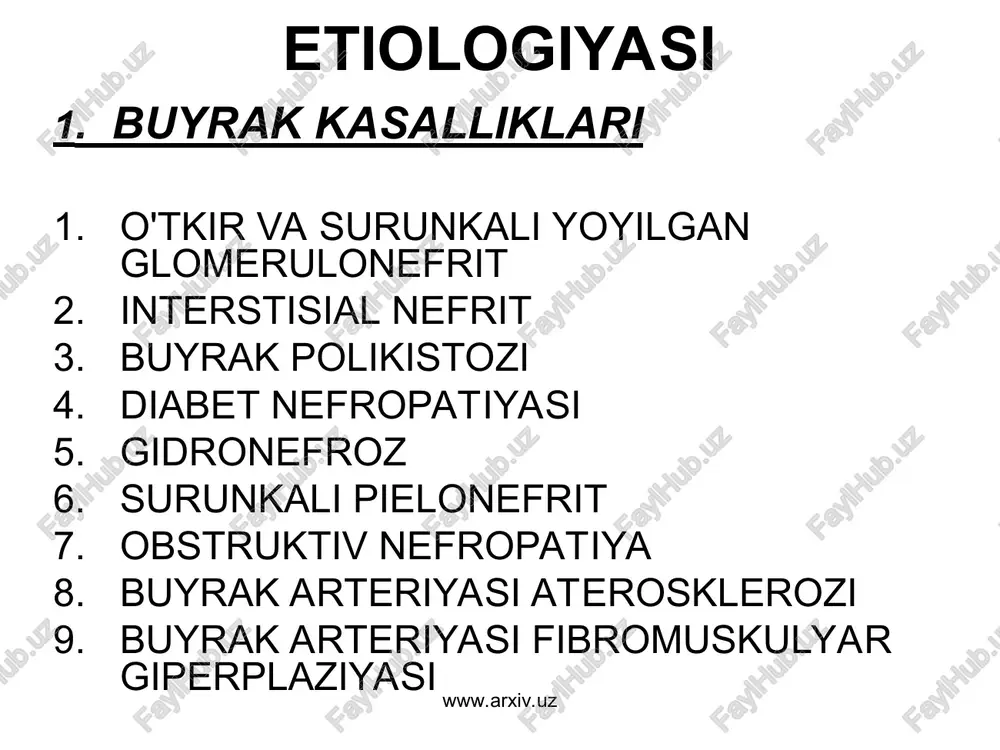 lishi kamayadi, natijada qon tomirlari torayadi www.arxiv.uz www.arxiv.uz kontraseptivlar - tarkibidagi estrogenlar ta’sirida renin-angiotenzin-aldosteron tizimi faollashadi va tanada suv ushlab qolinadi. yallig’lanishga qarshi nosteroid moddalar – qon tomirni kengaytiruvchi prostaglandinlar sintezini kamaytiradi va suv tutilishini oshiradi alkogol - simpatik nerv sistemasini stimullaydi, gormonlar sintezini oshiradi www.arxiv.uz www.arxiv.uz 3) aorta qorin qismining koarktasiyasida gipertenziyaning rivojlanish mexanizmi buyrakda qon aylanishining kamayishi bilan bog’liq www.arxiv.uz www.arxiv.uz e. miya o’smalarida va uning ba’zi bir organik shikastlanishida gipertenziya genezi tomir tonusini boshqaradigan miya po’stlog’i osti sohalarining ta’sirlanishi bilan bog’liq www.arxiv.uz www.arxiv.uz klinik ko'rinishi - arteriya bosimi va asosiy kasallik belgilari yig'indisi bilan ifodalanadi. www.arxiv.uz www.arxiv.uz buyrak kasalliklarida kuzatiladigan sag: glomerulonefrit pielonefrit buyrak amiloidozi diabet nefropatiyasi www.arxiv.uz www.arxiv.uz ichki sekresiya bezlariga xos sag a) akromegaliya – gipofiz adenomasi ta'sirida ko'p miqdorda bo'y o'stiruvchi somatotrop gormon (stg) – somatodin s ishlab chiqariladi. adenoma “turk egari”ni shikastlaydi – butunligini buzadi (rentgenogrammada, kt, mrt da ko'rinadi) klinikasi: qonda stg, …