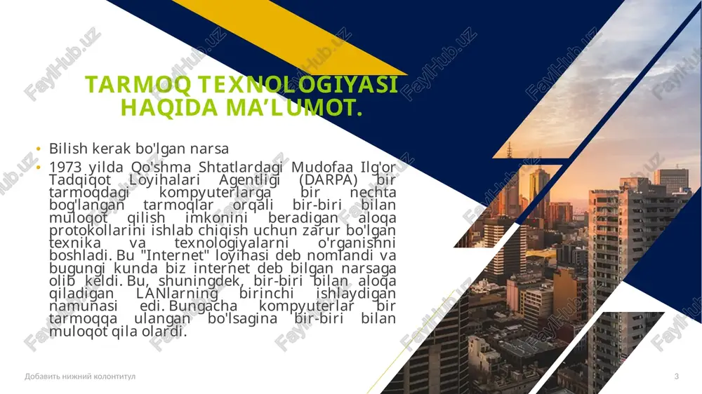 kompyuterlardan kuchliroq bo'ladi. dobavit nijniy kolontitul 6 fr 6 tarmoq texnologiyasi haqida ma’lumot. tarmoq interface kartalari tarmoq interfeysi kartalari (nics) - bu kompyuterni tarmoqqa ulash imkoniniberuvchi apparat qismlari. ko'pgina zamonaviy kompyuterlarda ushbu qurilma o'z anakartlariga o'rnatilgan, ammo nic-larni alohida sotib olish mumkin. tarmoq interfeysi kartalari tarmoq interfeysi kontrollerlari yoki tarmoq kartalari deb ham ataladi. nic ethernet kabellari yordamida ulanadi , simsiz nic (wnic) esa simsiz tarmoqqa ulanish uchun antennadan foydalanadi. smartfonlar ma'lumotlar uzatish signallari va wi-fi ulanish nuqtalariga ulanish uchun wnic-lardan foydalanadi. noutbuklar va ish stollari tarmoqqa ulanish uchun ikkala nic va wnic dan foydalanishi mumkin. dobavit nijniy kolontitul 7 7 tarmoq texnologiyalari haqida ma’lumot tarmoq dasturi tarmoq dasturiy ta'minoti kompyuter tarmoqlarini loyihalash, amalga oshirish va ishlatishga qaratilgan bir qator dasturiy ta'minotni anglatadi. u tarmoq ma'murlariga tarmoqning ichki ishlarini ochib beradi, ularga tarmoqni boshqarish va monitoring qilishda yordam beradi. shuningdek, u ish stollari, noutbuklar, planshetlar, mobil telefonlar va boshqa tizimlar …