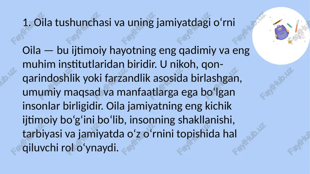 di. 3. mas’uliyatni bo‘lishish — har bir oila a’zosi o‘z majburiyatini bilishi va bajarishi zarur. 4. farzand tarbiyasiga e’tibor — bolalarda ezgulik, mehnatsevarlik, halollik, insonparvarlik kabi fazilatlarni shakllantirish. 5. milliy qadriyatlarni saqlash — ota-bobolarimizdan meros qolgan oilaviy an’analarni davom ettirish, o‘zlikni anglash. 6. moddiy barqarorlik — oila byudjetini rejalashtirish, ortiqcha xarajatlarni cheklash, iqtisodiy mustaqillikka erishish. mustahkam oila — bu sog‘lom jamiyatning garovidir. oilada muhabbat, sabr, mehnat va sadoqat bo‘lsa, bunday oila har qanday sinovdan o‘tadi. etiboringiz uchun raxmat! image1.png image2.png image3.png image4.png image5.png image6.png