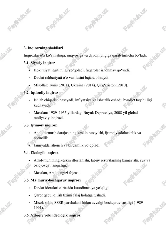 o‘pchilik olimlar inqirozni quyidagi bosqichlarga ajratadi: 1. yashirin (latent) bosqich — ziddiyatlar paydo bo‘ladi, ammo hali ochiq namoyon bo‘lmaydi. 2. oshkora bosqich — muammolar ochiq ko‘rinadi, norozilik kuchayadi. 3. krizis nuqtasi — tizim muvozanatini yo‘qotadi, qarama-qarshiliklar keskinlashadi. 4. barqarorlashuv yoki parokandalik bosqichi — inqirozdan chiqish uchun islohotlar boshlanadi yoki tizim qulaydi. 5. inqirozning ijobiy va salbiy jihatlari ijobiy tomonlari: · yangi islohotlar uchun turtki beradi; · eskirgan tizimlar yangilanadi; · jamiyatda yangicha fikrlash, mas’uliyat hissi oshadi. salbiy tomonlari: · iqtisodiy yo‘qotishlar, siyosiy beqarorlik; · fuqarolarning ishonchi va farovonligining pasayishi; · davlat tizimining zaiflashuvi yoki parchalanish xavfi. 6. inqirozdan chiqish yo‘llari (umumiy xulosa) · samarali boshqaruv tizimini shakllantirish — kadrlar siyosati, shaffoflik, qonun ustuvorligi. · ijtimoiy dialogni kengaytirish — hukumat va xalq o‘rtasidagi ishonchni tiklash. · iqtisodiy diversifikatsiya — bitta soha yoki resursga qaramlikni kamaytirish. · axborot siyosatini takomillashtirish — ochiqlik va tezkor kommunikatsiya. · tizimli islohotlar — ma’muriy, moliyaviy va …