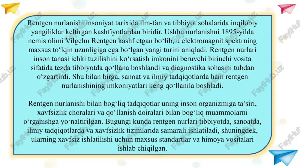 nstruksiyalarning ichki tuzilishini tekshirishda ishlatildi. bu usul konstruktsiya va texnika sifatini nazorat qilishda katta yordam berdi. shu bilan birga, ilmiy tadqiqotlarda ham rentgen nurlari ishlatilishi boshlandi, masalan, kristallografiya va materialshunoslikda. rentgen nurlanishining tibbiyot va sanoatga kirib kelishi uning ahamiyatini oshirdi va dunyo bo‘ylab laboratoriyalar, klinikalar va sanoat korxonalari ushbu texnologiyani joriy qila boshladi. dastlabki tibbiy tasvirlar asosan suyaklarni ko‘rsatishga qaratilgan. 1896-yilda rentgen o‘zi qo‘lidagi suyaklarni suratga olib, ilmiy hamjamiyatni hayratga solgan. shu davrda birinchi klinikalar rentgen laboratoriyalarini tashkil qila boshladi. shuningdek, tarixiy manbalarda birinchi bemorlarning rentgen yordamida davolangan holatlari qayd etilgan. tarixiy misollar rentgen nurlanishining inson hayotiga qo‘shgan ulkan hissasini ko‘rsatadi. tibbiyotdagi dastlabki muvaffaqiyatlar sanoat va ilmiy tadqiqotlarda ham tez orada namoyon bo‘ldi. shu tariqa, rentgen nurlari nafaqat ilmiy kashfiyot, balki amaliy hayotda muhim vositaga aylandi. tarixiy misollar va dastlabki tibbiy tasvirlar rentgen nurlanishining amaliy qo‘llanilishi tibbiyotda diagnostika (suyaklar, ichki organlar) rentgen nurlari tibbiyot sohasida eng ko‘p qo‘llaniladigan diagnostika vositalaridan …