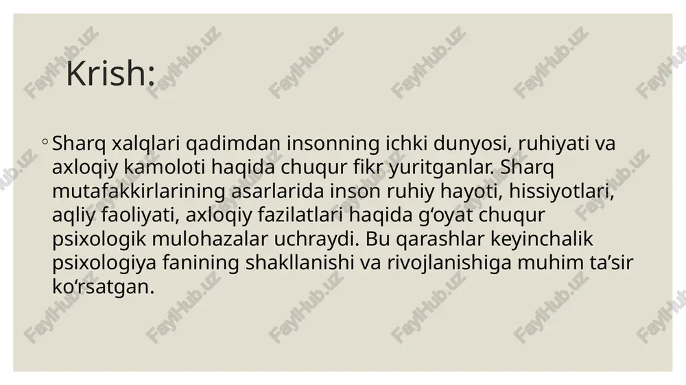 jratgan. uning fikricha, inson psixologiyasi — ilohiy tartibdagi aql bilan boshqariladi. sharq mutafakkirlarida tarbiya va psixologik ta’sir masalalari mutafakkirlar inson kamolotini tarbiya orqali amalga oshirish mumkin, deb hisoblashgan. forobiy, ibn sino va g‘azzoliy asarlarida bola tarbiyasi, axloqiy fazilatlarni shakllantirish, odob-axloqning shaxs ruhiyatiga ta’siri haqida ko‘plab fikrlar bildirilgan. ularning qarashlariga ko‘ra, inson tabiatdan emas, balki tarbiya orqali mukammal shaxsga aylanadi. g‘arb mutafakkirlarining qarashlari inson psixologiyasi fanining shakllanishida katta rol o‘ynagan. ular: antik davrda — ruh va ong haqida nazariy fikrlar ilgari surgan, yangi davrda — tajribaga asoslangan ilmiy metodlarni joriy qilgan, xx asrda — psixologiyani mustaqil fan sifatida rivojlantirgan. sharq va g‘arb psixologik qarashlarining o‘zaro ta’siri va farqlari sharq mutafakkirlari inson ruhiyatiga asosan axloqiy, diniy va falsafiy nuqtai nazardan yondashgan bo‘lsa, g‘arb olimlari (masalan, aristotel, dekart, vundt) uni tajriba va ilmiy metodlar orqali o‘rganishga harakat qilishgan. shunga qaramay, sharq mutafakkirlarining asarlari g‘arb psixologiyasining shakllanishida katta ahamiyat kasb etgan. ibn sino va …
