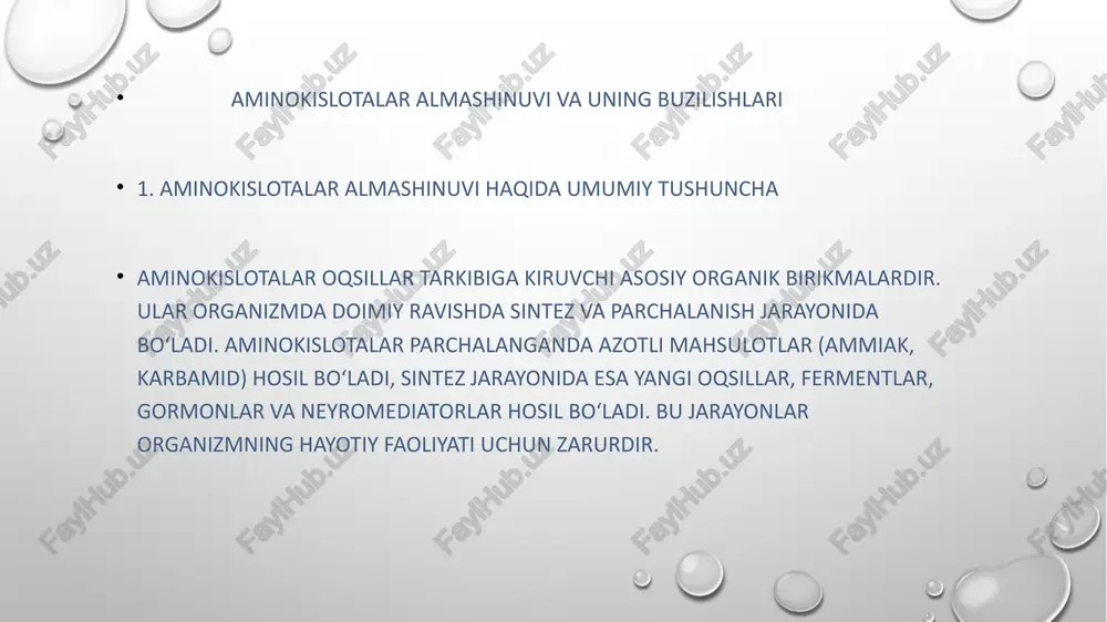 lqonsimon bez gormonlari (tiroksin, triyodtironin) uchun asos. yetishmovchilikda modda almashinuvi sekinlashadi, odam sovuqsevar bo‘lib qoladi. ruhiy faoliyat ham pasayadi, chunki tirozin dopamin sintezida ishtirok etadi. . folat kislotasi va vitamin b₁₂ ning roli bu vitaminlar metionin hosil bo‘lishi va dnk sintezida ishtirok etadi. folat kislotasi (b₉) – nuklein kislotalar va eritrotsitlar sintezi uchun zarur. vitamin b₁₂ – metionin sintezida kofaktor bo‘lib xizmat qiladi, asab to‘qimalarining normal faoliyatini ta’minlaydi. ularning yetishmovchiligi megaloblastik anemiya va nevrologik buzilishlarga olib keladi. 11 aminokislotalar almashinuvi buzilishlari agar fermentlar yoki vitaminlar yetishmasa, almashinuv buziladi: fenilketonuriya – fenilalaninni tirozingacha aylantiruvchi ferment yetishmovchiligi natijasida yuzaga keladi. giperammoniyemiya – ammiakning qonda ortib ketishi jigar fermentlari yetishmovchiligi bilan bog‘liq. homotsisteinemiya – b₆, b₁₂ yoki folat kislotasi tanqisligida metionin almashinuvi buziladi. bu holatlar asab tizimi, jigar va yurak faoliyatiga salbiy ta’sir ko‘rsatadi. 3. vitaminlar va aminokislotalar bog‘liqligi aminokislotalar almashinuvi ko‘plab vitaminlarga bog‘liq: vitamin b₆ (piridoksin) – transaminatsiya reaksiyalari uchun zarur. yetishmasa, …
