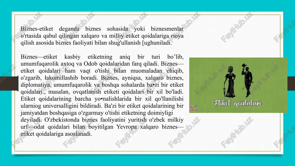 llanadi . imidjmeykerlar deganda davlat arboblari, siyosatchilar, artistlar, biznesmenlar kabi kishilaming reklamasi bilan shug'ullanadigan, obro'sini oshirish, shuhratini mustahkamlash uchun samarati imij strategiyasini, taktika va texnologiyasini ishlab chiqadigan mutaxassislar tushuniladi birinchi taassurot tashqi ko'rinish elementlari holatining mąimui bo'yicha shakllanadi. tashqi ko'rinish deganda xizmat\ar sohasi xodimlariga birinchi qarashdayoq ko'zga tashlanadigan element!ar holatining majmui tushuniladi. agar xodim tashqi ko'rinishi yaxshi bo'lsa, u va mehmonxona to'g'risida faqat ijobiy fikr shakl)anadi. agar yomon bo'lsa salbiy fikr paydo bo'ladi. ”kiyimiga qarab kutib oladi, aqliga qarab kuzatib qo'yadi" degan xalq maqoli buni yaqqol tasdiqlaydi. tashqi ko'rinish bo'yicha 10— 15 soniya davomida shakllangan taassurot madaniyatli xodimga butun umri davomida xizmat qiladi tashqi ko'rinish qator elementlardan tashkil topadi. ulardan chehra, soch, soqol, mo'ylov. ustki ish kiyimi, oyoq kiyimi, galstuk, paypoq va turli taqinchoqlar tashkil qiladi insonning tashqi ko'rinishini shakllantiruvchi elementlarni ikki guruhga bo'lish mumkin. birinchi guruhga chehra, soch, soqol, mo'ylov va tirnoqlarni, ikkinchi guruhga esa ustki kiyimini (kostyum), ko'yiak, …