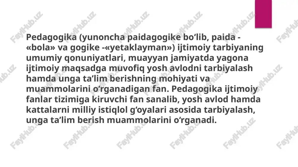 e- zalarning ishonchliligi tekshiriladi, pedagogika tizimlarining ayrim elementlari o‘rtasidagi bog‘liqlik va munosabatlar aniqla- nadi. tabiiy eksperiment va laboratoriya eksperimenti pedagogik eksperimentning asosiy turlari bo‘lib, ular o‘z ichida yana turlar- ga bo‘linadi. tabiiy eksperiment sharoitida yangi o‘quv rejalari, dasturlar, darsliklar va hokazolar odatdagi o‘quvjarayonini buz- may turib tekshiriladi. pedagogik eksperiment ham kuzatish, lekin u pedagogikjarayonning o‘tish sharoitlarini muntazam o‘z- gartirish munosabatibilan maxsus tashkil etilgan bo‘ladi. suhbat metodi suhbat metodi —tadqiqot mavzusining biror tomoni yoki hodisalari haqida bilib olish maqsadida ma’lum va mas’ul shaxs- larga og‘zaki savollar berilib, ulardan axborot olish jarayonidir. so‘roqlar mavzu doirasida mantiqli, mazmunli, tartibli, aniq ifodaga egabo‘lishi lozim. uning to‘g‘ri yoki noto‘g‘riligiga qarab jadval tuziladi. suhbat metodi jarayonida intervyu olish ham mumkun. bolalar ijodini o‘rganish metodi bolalar ijodini o‘rganish metodi. maktab o‘quvchilari ijodi hamda ularning turli-tuman ishlarini o‘rganish va tahlil qilish pedagogik tadqiqotning samarali metodlaridan biridir. iqtidorli o‘quvchilar aqliy qobiliyatlari, oliyjanob axloqiy qiyofalari, estetik didlari, sinchkovliklari va qiziquvchanliklaribilan …