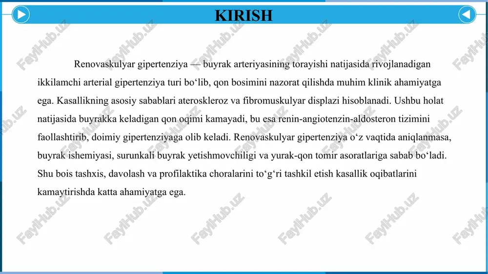 kin. genetik predispozitsiya, diabetik holatlar, giperkolesterinemiya va sigaret chekish aterosklerozni tezlashtiradi va xavfni oshiradi. klinik amaliyotda aterosklerotik va fibromuskulyar sabablarga qarab bemorning yoshi va komorbid holatlar aniqlanadi, bu esa davolash strategiyasini belgilaydi. etiologiya va asosiy sabablar patogenezik mexanizmlar: renal perfuziya kamayganda juxtaglomerulyar apparat renin ishlab chiqarishni oshiradi; renin angiotenzinogenni angiotenzin i ga aylantiradi, keyin ace orqali angiotenzin ii hosil bo‘ladi. angiotenzin ii sistemik va lokal vazokonstriksiya orqali periferik qarshilikni oshirib, qon bosimini tezda ko‘taradi. aldosteron natijada natriy va suvni ushlab, ichki hajmni oshiradi, bu gipertenziya barqarorligini taʼminlaydi. shuningdek, angiotenzin ii prooksidlovchi va fibrogenik taʼsirlar orqali endotel disfunksiyasi, vaskulyar remodelling va renal fibrozni rag‘batlantiradi, bu esa kasallikni surunkalashtiradi. klinik jihatdan bu mexanizmlar terapevtik yondashuvni, xususan raas blokatorlarini qo‘llash imkoniyatini aniqlaydi. patogenezik mexanizmlar risk faktorlar va kasallik progressiyasi: asosiy risklar orasida ateroskleroz, gipertoniya, diabet va sigaret chekish mavjud. fibromuskulyar displazi genetik va gormonal omillar bilan bog‘liq bo‘lishi mumkin va baʼzan yosh bemorlarda …