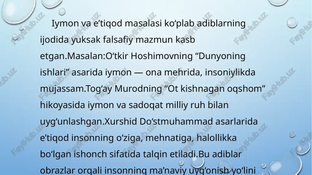 l davri hikoyalarida inson hayoti, mehnati, oila, jamiyatdagi o‘zgarishlar bilan chambarchas bog‘liq holda yoritiladi. odamlar o‘rtasidagi munosabatlar, insonning jamiyat oldidagi burchi, mas’uliyati, halollik va adolat uchun kurash hikoyaning asosiy g‘oyaviy o‘qini tashkil etadi.masalan, erkin a’zamning “kechikkan baxt”, “otoyining tushi” kabi hikoyalarida ijtimoiy adolatsizlik, oilaviy tarbiya, mehr-oqibatning yo‘qolib borishi orqali jamiyatning axloqiy holati yoritiladi. xurshid do‘stmuhammadning “qorong‘u ko‘chalar” hikoyasida esa shahar hayotidagi begonalashuv, ma’naviy sovuqlik va individualizm tanqid qilinadi. adabiyot shu orqali insonni o‘z vijdoniga qaytarish, jamiyatdagi mas’uliyat tuyg‘usini uyg‘otishga xizmat qiladi. axloqiy masala — istiqlol davri hikoyachiligida eng muhim yo‘nalishlardan biri. sho‘ro davrida axloqiy qadriyatlar ko‘p hollarda tashqi “sotsializm axloqi” mezonida talqin etilgan bo‘lsa, istiqlol yillarida bu tushuncha inson qalbining ichki pokligi, halolligi, vijdoni bilan o‘lchanadigan bo‘ldi.adiblar inson axloqini jamiyatdagi o‘zgarishlar fonida tahlil qila boshladilar. o‘tkir hoshimovning “ikki eshik orasi” romanidagi o‘gitlar va hikoyalaridagi tasvirlar insonni halollik, sadoqat, e’tiqod, mehr-oqibatga chaqiradi. axloqiy poklik bu davr hikoyalarida insonning hayotiy tanlovida, ichki …