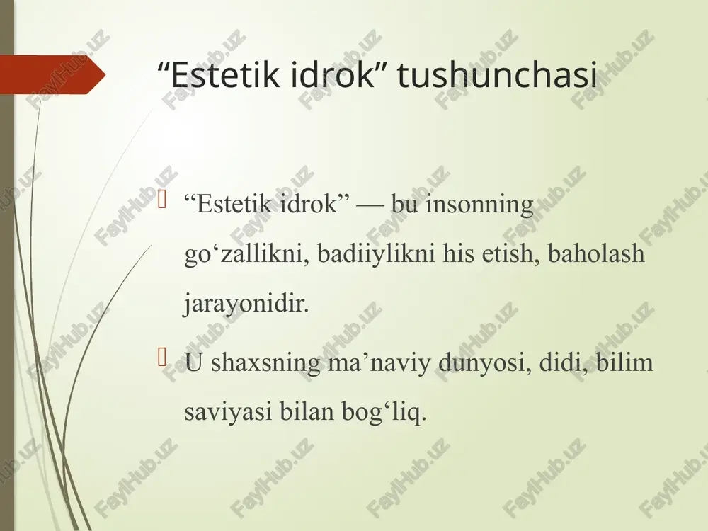 yatda estetik idrok she’riyat his-tuyg‘ularning eng nozik shaklidir. ritm, qofiya, ohang orqali estetik zavq paydo bo‘ladi. “qaro ko’zim, kel ey, mardumlig’ endi fan qilg’il ko’zim qarosida mardum kabi vatan qilg’il.” mard+um+lig’ – fan qilg’il – kozim qarosida – vatan qilg’il. nasrda estetik idrok nasrda estetik zavq syujet, qahramonlar, til va tahlil orqali yuzaga chiqadi. o‘quvchi voqealarni o‘z hayot tajribasi bilan solishtirib baholaydi. nasrda, asosan hayotiy voqealar, obrazlar, tafakkuriy tahlil yetakchilik qiladi. dramaturgiyada estetik idrok sahna orqali his etish, aktyor ifodasi, musiqiy ohanglar orqali asar ta’siri kuchayadi. tomoshabin o‘zini qahramon o‘rnida his qiladi. estetik idrok va estetik tarbiya estetik idrok insonda go‘zallikni his etish qobiliyatini o‘stiradi. u maktab, madaniyat, san’at vositasida shakllanadi. estetik idrok faqat o‘qish yoki tushunish emas — bu tarbiyaviy jarayondir. u insonni go‘zallikni anglashga, yovuzlikka nisbatan nafrat, ezgulikka nisbatan mehr uyg‘otishga o‘rgatadi. shuning uchun maktab, adabiyot darslari, teatr, kino, musiqa — barchasi estetik idrokni rivojlantiruvchi vositalardir. o‘zbek adabiyotida …