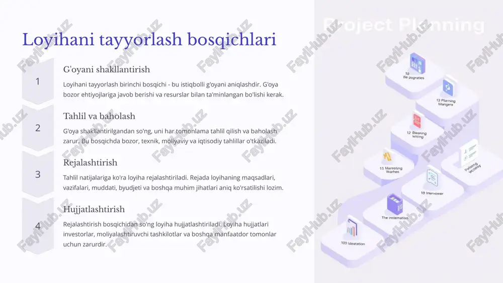 risklarni oldindan aniqlash va ularga qarshi choralar ko'rish zarur zararni kamaytiradi. 6 loyihaning iqtisodiy samaradorligini baholash sof joriy qiymat (npv) loyihadan kutilayotgan pul oqimlarining hozirgi qiymatini hisoblash. 1 ichki daromadlilik normasi (irr) loyihaning daromadlilik darajasini aniqlash. 2 qaytarilish muddati (payback period) loyihaga kiritilgan investitsiyalarning qachon qoplanishini aniqlash. 3 iqtisodiy samaradorlikni baholash investorlarga loyihaning rentabelligi haqida ma'lumot beradi. yuqori npv va irr loyihaning istiqbolli ekanligini ko'rsatadi. 7 loyihani moliyalashtirish manbalari 1 o'z mablag'lari kompaniyaning o'z mablag'lari, foyda va amortizatsiya ajratmalari. 2 bank kreditlari banklardan olingan kreditlar, foiz stavkalari va qaytarish shartlari. 3 investorlar aksiyalar sotish orqali jalb qilingan investitsiyalar. loyihani moliyalashtirish manbalarini aniqlash loyihaning muvaffaqiyatli amalga oshirilishi uchun muhimdir. moliyalashtirish manbalarini to'g'ri tanlash loyihaning moliyaviy barqarorligini ta'minlaydi. 8 loyihani boshqarish va monitoring qilish boshqaruv tuzilmasi loyihani boshqarish uchun mas'ul shaxslar va ularning vazifalarini aniqlash. monitoring tizimi loyihaning bajarilishini muntazam kuzatib borish, rejadagi farqlarni aniqlash va tuzatish choralarini ko'rish. loyihani samarali boshqarish …