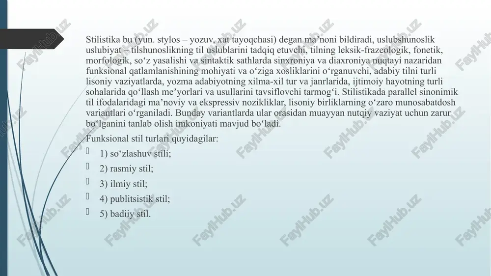 abilar kiradi. bu stilda adabiy me’yorga qat’iy rioya qilinadi, shevaga xos so‘zlar, jaxgonlar, har xil stilistik bo‘yoqqa ega bo‘lgan so'zlar ishlatilmaydi. jumlaiar liam inversiyasiz bo‘lishi lozim. gaplarda ta'sirclianlik bo‘lmaydi. rasmiy stilda yoziladigan ayrim hujjatlar shtampga o‘xshash maxsus tartib va shakl bilan yoziladi. masalan, rasmiy xatlar, ariza, tushuntirish xati, bildiigi, ma’lumotnomalar, qarorlami ko‘rsatish mumkin. agar pul, buyum miqdori ko'rsatilishi lozim bo‘lsa, oldin raqam bilan, so‘ng qavs ichida harflarbilan yoziladi. ilmiy stil ilmiy tadqiqotlar stilidir. bu stil fan, texnika sohasida yaratilgan asarlarda qo'llaniladi. shunga ko‘ra u bir necha xilga bo'linadi: ilmiy-texnikaviy, ilmiy-ommabop, ilmiy-o‘quv, ilmiypublitsistik va ilmiy-hujjat stillari. ilmiy-texnikaviy stilda ilmiy maqola, ma'ruza va monografiya, disertatsiya yoziladi. ilmiy-ommabop stilda axborot ommabop tarzida ilmiy jihatdan tushuntiriladi. bunda ma’lumot sof ilmiylikdan biroz soddalashtiriladi. va liar bir sohaning ilmiy yutuqlari ommaga ma’lum so‘zlar bilan bayon qilinadi. ilmiyo‘quv stilida darsliklar, o‘quv qo‘llanmalari, uslubiy qo'llanmalar va uslubiy maqolalar yoziladi. ular o‘quvchilar uchun tushunarli so'zlar bilan ilmiy jihatdan bayon …