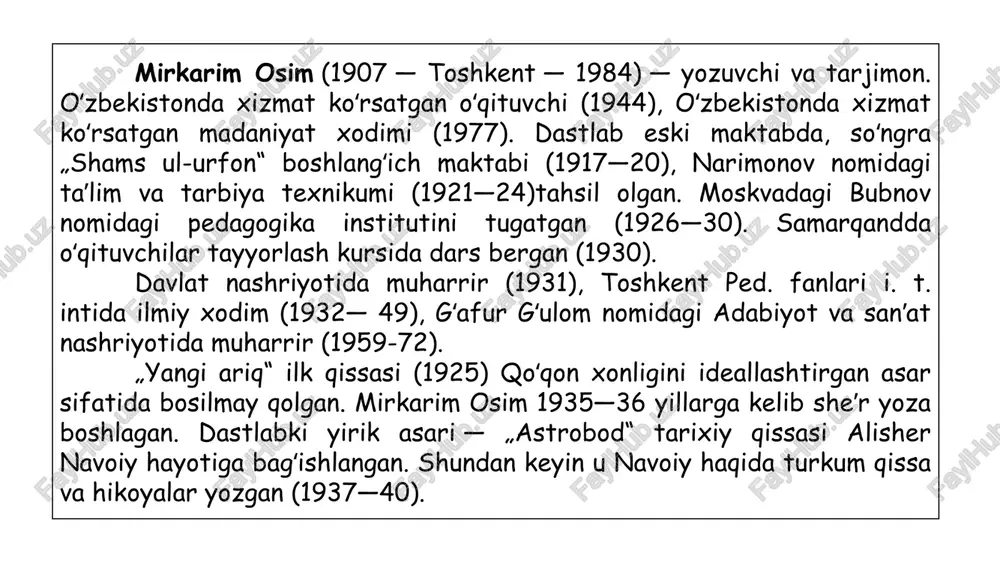 i“ qissasi va boshqa asarlarni oʻzbek tiliga tarjima qilgan. „buyuk xizmatlari uchun“ ordeni bilan mukofotlangan (2002). mirkarim osim. to‘maris (qissa) cho‘l bahor kelinchagi oyog‘i ostiga chechaklar bilan bezalgan yashil poyandozini yoyib tashlagan. to‘rg‘aylar havoda pirillab ko‘klamga madhiya o‘qimoqda. rango-rang kapalaklar chechaklarning xushbo‘y hididan mast. allaqanday uzun oyoqli qushlar o‘tlar orasida dumlarini likillatib, katta-katta bosib yuradi, toshbaqalar burishib ketgan xunuk bo‘yinlarini o‘tlarga cho‘zadi, qo‘ng‘izlar esa orqalariga qarab yurib, tezakdan yasagan qumaloqlarini allaqayoqqa yumalatadi. qizg‘ish-qo‘ng‘ir bir ilon o‘t orasidan o‘rmalab kelib, atrofni tomosha qilayotgandek qaqqayib qolgan yumronqoziqqa tashlanadi, qushlarga o‘xshab chirqillab turgan kaltakesaklar qo‘rqib ketib oyoqlari bilan qumloq yerni ikki yonlariga chiqarib, tuproq ostiga yashirinadi. ba’zan ovullar yaqinidan ko‘kraklari oppoq sayg‘oqlar gala-gala bo‘lib chopib o‘tadi, yer gumburlab ketadi. orol dengizining janubidagi shu bepoyon cho‘llarning sohibi bo‘lgan ko‘chmanchi massagetlar kelin kutmoqda. ularning qarorgohi bayram tusini olgan. har yer-har yerga gulxan qalangan, kiyik va qo‘y go‘shti pishayotgan mis qozonlar go‘yo mehmonlarni sabrsizlik bilan kutayotgandek …