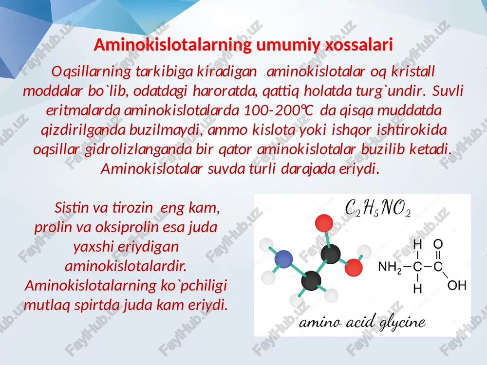 anjirning tuzilishi bo`yicha; 2. elektokimyoviy – aminokislotalarning kislota-ishqoriy xossalari bo`yicha; aminokislotalar zaryadi 0 ga teng bo`lgan holat izoelektrik holat deb aytiladi. aminokislotalarning elektr maydonida anodga ham katodga ham harakatlanmaydigan ph qiymati izoelektrik nuqta deb ataladi va phi bilan belgilanadi. izoelektrik nuqta aminokislotalardagi turli guruhlarning kislota-ishqoriy xususiyatlarini aniq namoyon qiladi va aminokislotani xarakterlaydigan eng muhim konstanta hisoblanadi. aminokislotalarning fazodagi strukturasi asosida ularni ikki qatorga ajratish biologik ahamiyatga ega. oqsillar tarkibiga faqat l-aminokislotalar kiradi. lekin organizmdan ba’zi bir d- aminokislotalar ham ajratib olingan. ayrim d- aminokislotalar erkin holda va bakteriya hujayrasining pardasida (sibir yarasi, kartoshka va pichan tayoqchasida) va mikroorganizmlar tomonidan ishlab chiqarilgan antibiotiklarda uchraydi. tabiatda 300 ga yaqin aminokislotalar uchraydi. ularning yarmidan ortig`i, umuman oqsillar tarkibiga kirmaydi, qolgan yarmisining ko`p qismi ham faqat ayrim organizmlarda, ba’zilari alohida oqsillar va peptidlar tarkibida bo`ladi. hamma organizmlarda oqsillar tarkibiga kiradigan aminokislotalar soni 20 ga teng. ular proteinogen aminokislotalar deb ataladi. qolgan aminokislotalar oqsil tuzilishida …