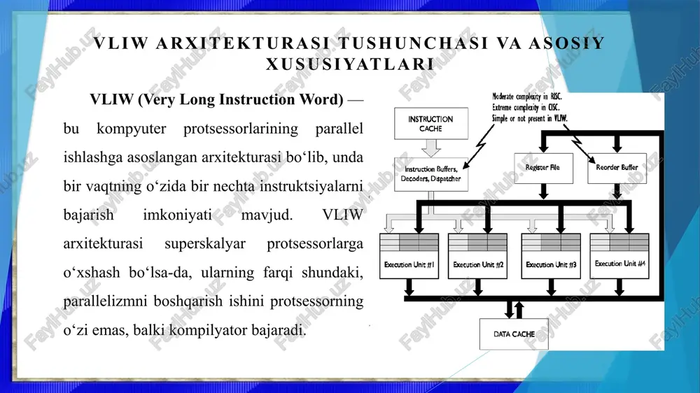 linadigan instruktsiyalar ularni yuqori samarali hisoblash uchun qulay qiladi. kelajakda vliw arxitekturasi sun’iy intellekt, neyron tarmoqlar, big data va real vaqtli hisoblash tizimlarida yanada kengayishi kutilmoqda. energiya samaradorligi, apparat dizaynining soddaligi va parallel ishlash imkoniyatlari tufayli vliw protsessorlari kiritilgan tizimlar, mobil qurilmalar va iot platformalarida ham qo‘llanilishi mumkin. shu bilan birga, kompilyator texnologiyalari rivojlanishi va dastur optimizatsiyasi takomillashishi vliw arxitekturasining samaradorligini yanada oshiradi va uni yuqori samarali hisoblashning asosiy yo‘nalishlaridan biriga aylantiradi. e’tiboringiz uchun rahmat! image1.jpg image2.jpg image3.png image4.png image5.png image6.jpeg image7.gif image8.jpeg image9.gif image10.png image11.png image12.jpg /docprops/thumbnail.jpeg