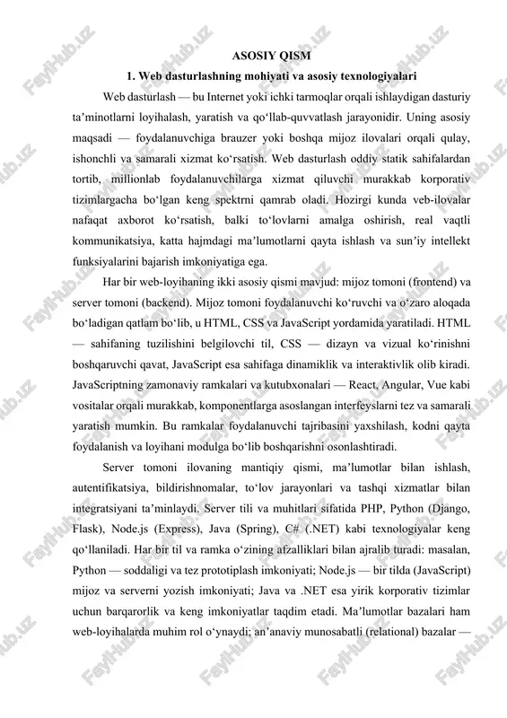 yozishdan iborat; loyiha boshidan oxirigacha bir qancha bosqichlarni o‘z ichiga oladi: talablarni yig‘ish va tahlil qilish, arxitektura va dizayn yaratish, prototiplash, frontend va backendni ishlab chiqish, testlash, joylashtirish (deployment) va texnik xizmat ko‘rsatish. ish jarayonida versiyalarni boshqarish tizimlari (git) hamda jamoaviy ishni tashkil etuvchi platformalar (github, gitlab, bitbucket) muhim ahamiyatga ega. shuningdek, ci/cd (continuous integration/continuous deployment) jarayonlari orqali testlarni avtomatlashtirish va kodni tez-tez, ishonchli ravishda serverga chiqarish taʼminlanadi. xavfsizlik web dasturlashning markaziy jihatlaridan biridir. veb-ilovalarda autentifikatsiya va avtorizatsiya, maʼlumotlarni shifrlash (masalan, tls/ssl), sql injection, xss (cross-site scripting), csrf (cross-site request forgery) kabi tahdidlarga qarshi himoya choralarini ko‘rish zarur. shuningdek, foydalanuvchi maʼlumotlarini saqlash va qayta ishlashda maxfiylik va maʼlumotlarni himoya qilish bo‘yicha qonuniy talablarni (masalan, gdpr yoki mamlakat ichidagi regulyativ talablar) inobatga olish muhimdir. zamonaviy web-loyihalarda bulutli platformalar va xizmatlardan keng foydalaniladi. aws, microsoft azure, google cloud kabi provayderlar hisoblash resurslari, saqlash, xavfsizlik, monitoring va serverless (funktsiyalar-as-a-service) yechimlarni taklif etadi. bulutli …
