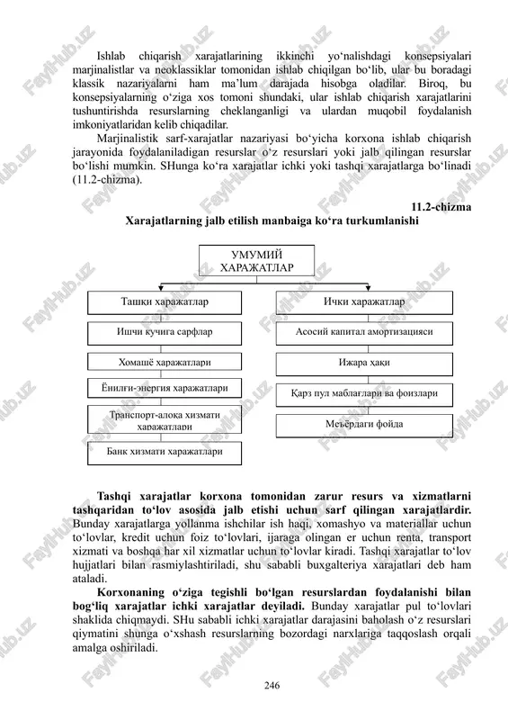 qo‘shimcha muomala xarajatlari va sof muomala xarajatlari. tovarlarni o‘rash, qadoqlash, saralash, transportga ortish, tashish va saqlash xarajatlari qo‘shimcha muomala xarajatlari hisoblanadi. muomala xarajatlarining bu turlari ishlab chiqarish xarajatlarining davomi hisoblanib, tovar qiymatiga kiradi va uning qiymatini oshiradi. xarajatlar tovarlar sotilgandan keyin olingan pul tushumi summasidan qoplanadi. cof muomala xarajatlari tovarni sotish bilan bog‘liq bo‘lib, sotuvchilarning maoshi, marketing (iste’molchilar talabini o‘rganish), reklama va shu kabi xarajatlardan iborat bo‘ladi. sof muomala xarajatlari tovar qiymatini oshirmaydi va ishlab chiqarish jarayonida yaratilgan tovarni sotgandan keyin olingan foyda hisobidan qoplanadi. ishlab chiqarish xarajatlarining ikkinchi yo‘nalishdagi konsepsiyalari marjinalistlar va neoklassiklar tomonidan ishlab chiqilgan bo‘lib, ular bu boradagi klassik nazariyalarni ham ma’lum darajada hisobga oladilar. biroq, bu konsepsiyalarning o‘ziga xos tomoni shundaki, ular ishlab chiqarish xarajatlarini tushuntirishda resurslarning cheklanganligi va ulardan muqobil foydalanish imkoniyatlaridan kelib chiqadilar. marjinalistik sarf-xarajatlar nazariyasi bo‘yicha korxona ishlab chiqarish jarayonida foydalaniladigan resurslar o‘z resurslari yoki jalb qilingan resurslar bo‘lishi mumkin. shunga ko‘ra xarajatlar …