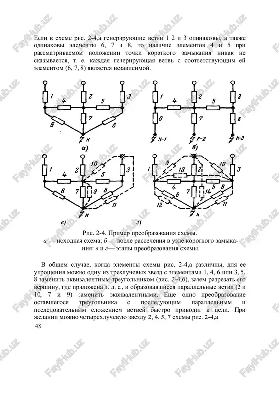 aetsya, t. e. kajdaya generiruyushaya vetv s sootvetstvuyushim ey elementom (6, 7, 8) yavlyaetsya nezavisimoy. v) g) ris. 2-4. primer preobrazovaniya sxemi. a — isxodnaya sxema; b — posle rassecheniya v uzle korotkogo zamika​niya: v i g— etapi preobrazovaniya sxemi. v obshem sluchae, kogda elementi sxemi ris. 2-4,a raz​lichni, dlya ee uprosheniya mojno odnu iz trexluchevix zvezd s elementami 1, 4, 6 ili 3, 5, 8 zamenit ekviva​lentnim treugolnikom (ris. 2-4,b), zatem razrezat ego vershinu, gde prilojena e. d. s., i obrazovavshiesya paral​lelnie vetvi (2 i 10, 7 i 9) zamenit ekvivalentnimi. eshe odno preobrazovanie ostavshegosya treugolnika s posleduyushim parallelnim i posledovatelnim slo​jeniem vetvey bistro privodit k tseli. pri jelanii mojno chetirexluchevuyu zvezdu 2, 4, 5, 7 sxemi ris. 2-4,a 48 preobrazovat v chetirexugolnik s diagonalyami (ris. 2-4,g), a zatem razrezat ego vershinu, gde prilo​jena e. d. s., i proizvesti zamenu parallelnix vetvey. odnako v dannom primere, kak vidno, takoe …