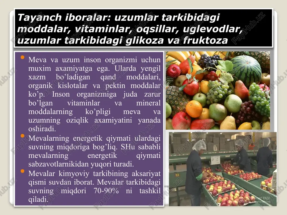 lota tuzlari uchraydi. mevalar tarkibida glyukozidlar va fermentlar xam uchraydi. shu bilan birga mevalarda juda oz mikdorda efir moylari bo’ladi. efir moylar mevalarni bakteriyalar va mog’or zamburug’idan ximoya qilib turadi. mevalarning kimyoviy tarkibiga turli xil bo’yoq moddalar - pigmentlar xam kiradi. o’zlashtirish uchun savollar: 1.mevalar tarkibida qanday kislotalar uchraydi? 2. mevalar qanday vitaminlarga boy? 3. s vitamini qaysi mevalar tarkibida ko’p uchraydi? 4.meva va sabzavotlar tarkibidagi suv qanday axamiyatga ega? 5.meva va sabzavotlarning kimyoviy tarkibini o’rganish nima uchun kerak deb o’ylaysiz? e’tiboringiz uchun raxmat image2.jpeg image3.jpeg image4.jpeg image5.png image6.jpeg image7.jpeg image8.jpeg image9.jpeg image10.jpeg image11.jpeg image12.jpeg /docprops/thumbnail.jpeg
