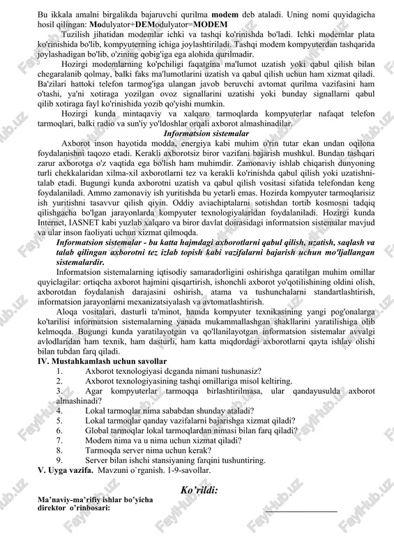 an (disketalar, cd - disklar va boshqalar) foydalanish kerak bo'ladi. ammo bu ko'p vaqt va qo'shimcha xarajatlarni talab qiladi. bu kabi muammolar o'zaro axborot almashish maqsadida kompyuterlarni birlashtirish zaruratini keltirib chiqardi. avval maxsus kabel yordamida ikkita kompyuterni o'zaro birlashtirishga muvaffaq bo'lindi. oradan ko'p vaqt o'tmasdan bir nechta kompyuterni birlashtirish imkonini beruvchi texnik qurilma va dasturiy ta'minot ishlab chiqildi. shu tarzda kompyuter tarmoqlari vujudga keldi. bunday tarmoqlar qo'shimcha qurilmalar talab qilsa-da (tarmoq platasi, maxsus kabel), kompyuterlardan foydalanish samaradorligini oshiradi. tarmoqdagi ixtiyoriy kompyuter boshqa kompyuterning diskiga, printeriga va boshqa tashqi qurilmalariga murojaat qilishi mumkin bo'ladi. bunday tarmoqlar bitta xonada yoki bir binoning ichida tashkil qilinib, lokal (mahalliy) tarmoqlar deb nomlanadi. lokal tarmoqda kompyuterlardan biri asosiy kompyuter etib tanlanadi. u fayllar serveri yoki, oddiy qilib, server deb nomlanadi. qolgan kompyuterlar esa ishchi stansiyalar deb nomlanib, server bilan, hamda o'zaro tarmoq platalari va maxsus kabellar yordamida ulanadilar. kompyuterlararo axborot almashinuvini rivojlantirish borasidagi tadqiqotlar shu …