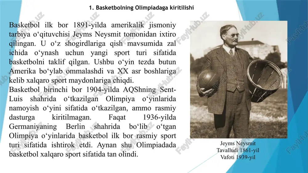 basketbol eng ko‘p tomoshabin yig‘uvchi turlardan biri bo‘lib, bu o‘yinning global sport madaniyatidagi ahamiyatini yanada mustahkamlab kelmoqda. 2. erkaklar basketbolining rivojlanish bosqichlari 1936-yilgi berlin olimpiadasida o‘yinlar ochiq maydonda, yomg‘ir ostida o‘tkazilgan bo‘lsa-da, bu musobaqa basketbol tarixida yangi davrni boshlab berdi. bu musobaqada aqsh jamoasi kanadani finalda mag‘lub etib, birinchi olimpiya chempioni bo‘ldi. shundan so‘ng aqsh jamoasi 1968-yilgacha deyarli barcha olimpiya o‘yinlarida g‘olib bo‘lib keldi. faqat 1972-yilda myunxenda sssr terma jamoasi aqshni finalda mag‘lub etib, tarixiy g‘alabani qo‘lga kiritdi. bu o‘yin basketbol tarixidagi eng bahsli final sifatida esda qolgan. 1980-yillar va 1990-yillarda basketbol butun dunyo bo‘ylab rivojlanib bordi. 1992-yilda barselonada o‘tkazilgan olimpiya o‘yinlari esa basketbol tarixidagi eng muhim bosqichlardan biri bo‘ldi. aynan shu yilda nba yulduzlaridan tashkil topgan “dream team” — maykl jordan, magic johnson, larry bird, karl malone va boshqalar ishtirok etib, o‘yin darajasini butunlay yangi bosqichga olib chiqdi. bu jamoa basketbolni butun dunyoga targ‘ib qildi. keyingi yillarda argentina (2004), …