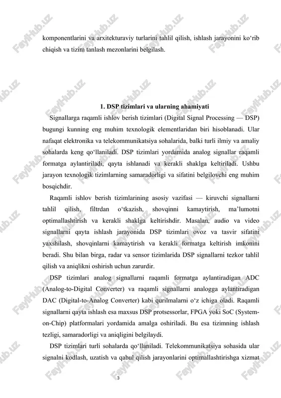 llarni qayta tiklash vazifalarini bajaradi. radar va sensor tizimlarida dsp signallarni tezkor tahlil qilish imkonini beradi. masalan, harakatni aniqlash, obyektlarni identifikatsiya qilish va signallarni optimallashtirish jarayonlarida dsp tizimlarining roli beqiyosdir. shuningdek, dsp tizimlari tibbiyot sohasida ham qo‘llaniladi. masalan, elektrokardiogramma (ekg), elektroensefalogramma (eeg) va boshqa biologik signallarni qayta ishlash, tahlil qilish va diagnostika jarayonlarini optimallashtirishda dsp texnologiyalari muhim ahamiyatga ega. raqamli ishlov berish tizimlarining yana bir muhim afzalligi — algoritmik moslashuvchanlikdir. dsp tizimlari dasturlashtiriladigan qurilmalar bo‘lib, ularning ishlash printsipini va vazifalarini dasturiy ta’minot yordamida osonlik bilan o‘zgartirish mumkin. bu esa tizimlarni turli vazifalar uchun tezkor moslashtirish imkonini beradi. shu sababli dsp tizimlari innovatsion texnologiyalarni yaratishda muhim vosita hisoblanadi. dsp tizimlarining samaradorligi uning arxitekturasi bilan bevosita bog‘liq. arxitektura tizimning tezligi, hisoblash imkoniyatlari, energiya sarfi va ishlash aniqligini belgilaydi. masalan, harvard arxitekturasi raqamli signallarni yuqori tezlikda qayta ishlash imkonini beradi, von neumann arxitekturasi esa oddiy tizimlar uchun qulay, lekin tezlik jihatdan cheklangan bo‘lishi …