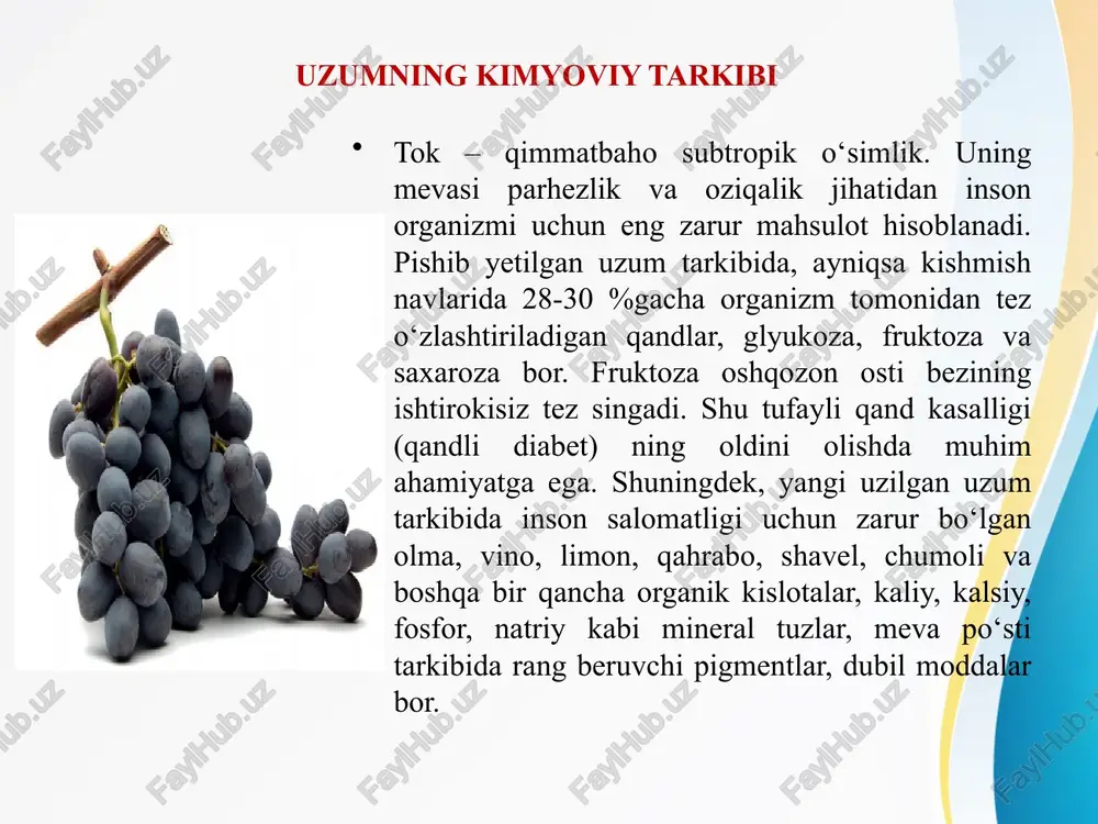 aytirib yuboradi. qovun va qovoqda pektin moddalar 0,1-0,4% ni tashkil qilsa, tarvuzda 1,2-2% gacha yetadi. qovunda tsellyuloza va gemitsellyuloza miqdori boshqa poliz maxsulotlariga nisbatan kam bo’ladi. bu esa qovun etining yumshoqligini oshiradi va ipsimon tolalar bo’lmasligini ta’minlaydi. saqlash davrida pektin moddalar va gemitsellyulozalar miqdori kamayadi. pektinli moddalar. xujayrani qattiqlashtiradi va to’qimalarga mustaxkamlik beradi. pishib yetilmagan sabzavotlarda pektin moddalar protopektin shaklida uchraydi, sabzavotlar pishib yetilgandan so’ng fermentlar ta’sirida suvda eriydigan pektinga aylanadi. natijada xujayralar o’rtasidagi bog’lanish bo’shashadi va sabzavotlar yumshab qoladi. azotli birikmalar . sabzavot va poliz maxsulotlari tarkibidagi azotli moddalarning aksariyat qismini oqsil tashkil qiladi. ko’pgina sabzavotlarda azotli moddalar 1-2% ga yetadi. dukkakli sabzavot maxsulotlari va sarimsoq tarkibida 6-7% azotli moddalar uchraydi. sabzavotlar tarkibidagi oqsillarda barcha zaruriy aminokislotalar bor. azotli birikmalarning kamroq qismini erkin aminokislotalar va amidlar, juda kam qismini nuklein kislotalar, glyukozidlar, tarkibida azot tutuvchi vitaminlar tashkil qiladi. yog’lar va efir moylar sabzavot va poliz maxsulotlari tarkibida yog’lar juda …