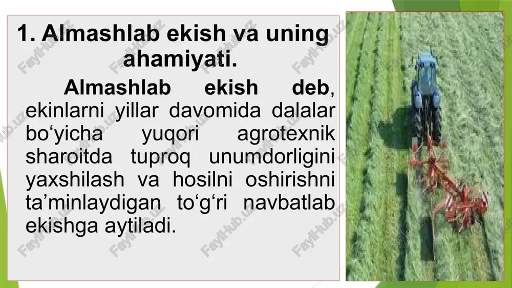 mayishi bilan tushuntirdi. tuproqdan chiqib ketayotgan elementlarning miqdoriga ko’ra, o’simliklar uch gurpaga bo’linadi va ularni navbatlab ekish tavsiya etildi. dukkakdosh o’simliklar tuganak bakteriyalar bilan simbioz holda hayot kechirishning aniqlanishi tuproqning azot bilan boyishiga, ekilgan ekinlarning hosili oshishiga dukkakdoshlar foydali ta’sir etishini tushunishga imkon berdi. v.r.vilyamis ekinlarni tuproq strukturasini yaxshilaydiganlarga va yomonlashtiruvchilarga bo’ldi. uning fikricha, almashlab ekishda ekinlardan keyin tuproq strukturasiga ijobiy ta’sir etilmasa yoki u buzilsa, bunday vaqtda strukturani yaxshilaydigan ekinlar (ko’p yillik o’tlar) ekish kerak, degan xulosa chiqadi. ekinlarni bunday navbatlab ekish dala almashlab ekishda qat’iy zarur bo’lish kerak edi. bu ma’lumotga ko’ra ekinlarni surunkasiga ekish natijasida tuproqning tabiiy xossalari yomonlashadi, xususan mustahkam strukturasi buziladi va unumdorligi pasayadi. rotatsiya deb nimaga aytiladi almashlab ekishning har qaysi dalasida ma’lum davr mobaynida ekinlarni oldinma-keyin navbatlanishiga rotatsiya deb ataladi. almashlab ekiladigan dalalar soni rotasiya yillari soniga to’g’ri keladi. bir rotatsiya ichida yillar va dalalar bo‘yicha navbatlanadigan ekinlar rejasini qayd qilingan jadvalga rotatsion …