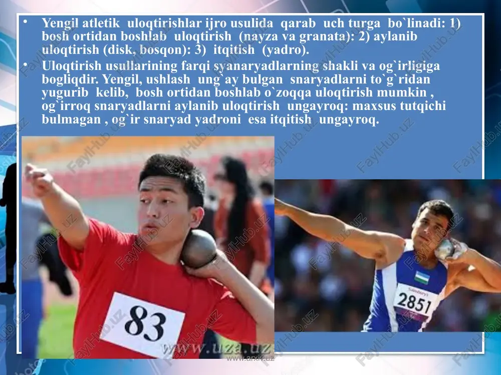 bilan tutamlab ushlanadi. oldingi usulda o`rta bormoq nimani bajargan bulsa bu usulda ko`rsatkich barmoq shu ishni qiladi.qolgan barmoqlar maxkam ushlamagan xolda uramda erkin yotadi. nayzani birinchi usulda ushlash ayniqsa ilgari boshqa usullardan foydalanmagan kishilar uchun ancha durust bo`ladi. chunki o`rta bormoq ko`rsatkich barmoqga nisbatan ancha kuchlidir. buni dinamometrik ulchashlar aniqlab bergan. yugurib kelishning dastlabki qismi. uloqtiruvchi yugurishdan oldin nayza uloqtiriladigan tomoniga erkin xolatda qarab turadi. nayza elka ustiga ko`tarib yugurganda uloqtiruvchi qo`li bukilgan bulib nayzani elka buguni ustida tutadi. tirsak oldinga yunaltirilib panja taxminan qo`loq balandligida buladi. nayza erkin ushlanadi, shuning uchun ham uning oldingi qismi bir oz qo`yi tushgan yoki gorizontal xolatda buladi.yugurish borgan sari tezlashib erkin bajariladi. uloqtiruvchi birinchi qadamdan boshlab gavdasini oldinga tashlaydi keyin dastlabki yugurib kelish qismi davomida uni birmuncha tiklaydi. eng kuchli nayza uloqtiruvchilarda yugurish tezligi 8 m/s etadi. nayza uloqtirishga yaqin qolganda yugurish tezligini oshirishga intilmaslik kerak chunki bu xolda muskullar ortiqcha tarang`lashib ketishi …