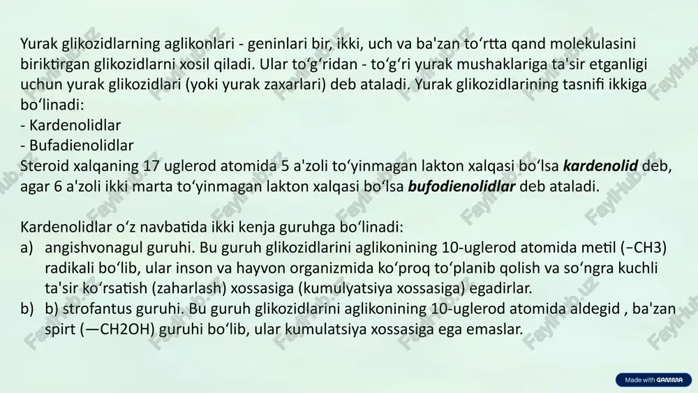 a angidrididagi eritmasiga bir necha tomchi konts. h2so4 qo‘shib qpzdirilsa, yashil rang xosil bo‘lib, u tezda kizil ranga aylanadi yoki liberman - buraxrd reaktsiyasi. glikozidlarning sns13 dagi eritmasiga 10 tomchi sirka angidridi va bir necha tomchi konts. h2so4 qo‘shib bir oz qizdirilsa oldin pushti - qizil, keyin u tezda ko‘k, yashil ranga o‘tadi. ii. yurak glikozidlarning to‟yinmagan lakton xalqasiga reaktsiya. legal, raymond, kedde, rozengeym, vindaus reaktsiyalari orqali reaktivlardan natriy nitroprussid, m - dinigrobenzol, 3,5 dinitrobenzoat kislota, trixlorsirka kislotasi yoki benzoldiazoniy-xloridlardan birontasini qo‘shish bilan olib borilganda xosil bo‘lgan ranglarga qarab maxsulotdan olingan ajratma tarkibidagi birikmalarda lakton xalqalari bor yoki yo‘qligi bilinadi. ammo lakton xalqasiga qilinadigan bale - neymon (yoki bal'jett) reaktsiyasi orqali 5 - a'zoli, 6 - a'zoli to‘yinmagan lakton xalkalarini bir yo‘li aniqlash mumkin. glikozidlarning spirtdagi eritmasiga natriy pikratning 1% li spirtdagi va ishqorning eritmalaridan ko‘shilsa, to‘q sariq rang xosil bo‘ladi. iii. yurak glikozidlari molekulasidagi dezoksisaxaridlarni keller - kiliani reaktsiyasi …