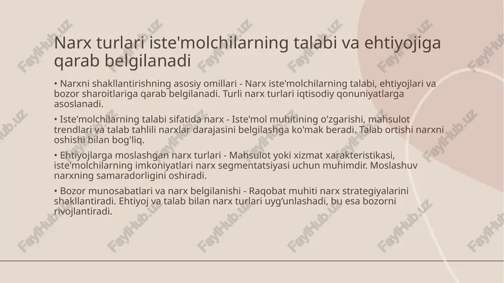 itayotgan kompaniyalar narxlariga asoslanadi, bu usul maksimal darajada moslashuvchan narx siyosatini yaratishga yordam beradi. • bozor sharoitlari ta'siri - ushbu yondashuv bozor talablarini tahlil qilishni talab qiladi, narxlar raqobatchilar taklifi va iste'molchilarning ehtiyojlariga moslashadi. bozor konyunkturasini tahlil qilish narx strategiyasini muvaffaqiyatli amalga oshirishga yordam beradi • bozor konyunkturasining ahamiyati - bozor konyunkturasini o'rganish narx belgilashda asosiy omil bo'lishi mumkin, chunki u talab va taklifning holatini aniqlashga yordam beradi. bu jarayon xaridorlar ehtiyojlarini aniqlashga imkon beradi. • narx strategiyasining muvaffaqiyati - bozor tahlillari narx strategiyasini to'g'ri yo'nalishda belgilash uchun asosiy ma'lumotlarni beradi. bu strategiya orqali korxona o'z foydasini oshirishi mumkin. • bozor tahlilining amaliyoti - amaliy misollar, masalan, mahsulot narxi va sifatiga qarab maqsadli auditoriyani o'rganish, samara berishi mumkin. bunda statistik ma'lumotlar va tendentsiyalarni hisobga olish muhimdir. • bozor tahlili va barqarorlik - bozor tahlillari orqali ishlab chiqarish va sotuv barqarorligini ta'minlash mumkin. u korxonaning uzoq muddatli strategik maqsadlariga yordam beradi. …