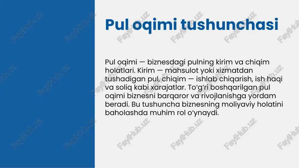 orat esa xarajatlar va daromadlarni monitoring qilish uchun zarur. har bir usul o'ziga xos xususiyatlarga ega. rejalashtirish strategik qarorlarni qabul qilishda, nazorat esa kundalik moliyaviy faoliyatni boshqarishda qo'llaniladi. tahlil esa muammolarni aniqlash va yechimlar ishlab chiqishda muhim. misollar keltiradigan bo‘lsak, byudjet tuzish, moliyaviy hisobotlarni kuzatish va texnologik vositalardan foydalanish usullarga misol bo‘la oladi. bu usullar yordamida pul oqimini samarali boshqarish mumkin. masalan, onlayn bank xizmatlari va avtomatlashtirilgan tizimlar. ushbu usullarni muvaffaqiyatli qo‘llash uchun doimiy muloqot, tahlil va zamonaviy texnologiyalardan foydalanish muhim. shuningdek, jamoaviy ish va malakali mutaxassislar bilan hamkorlik pul oqimini optimal boshqarishga yordam beradi. rejalashtirish jarayoni pul oqimini boshqarishda rejalashtirishning muhimligi katta. bu jarayonda aniq maqsadlar belgilash, kelajakdagi daromad va xarajatlarni prognoz qilish hamda risklar va imkoniyatlarni baholash muhimdir. rejalashtirishning muhimligi rejalashtirishda moliyaviy modeling, pul oqimi prognozlari, senaryo tahlili va real vaqt monitoringi kabi vositalar va metodologiyalar qo'llaniladi. bu usullar orqali xavf va imkoniyatlarni aniqroq baholash mumkin. vositalar va …