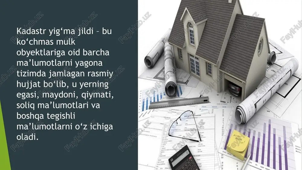 sh, elektron jildni yangilash 3 himoya qilish parol va shifrlash tizimi, zaxira nusxalar yaratish, vakolatlarni nazorat qilish yig‘ma jildni tekshirish, yangilash va himoya qilish bosqichlari xulosa kadastr yig‘ma jillari va moliyaviy hujjatlar kadastr xizmatining samarali ishlashi uchun asosiy vosita hisoblanadi. ma’lumotlarni to‘g‘ri yig‘ish, axborot tizimiga kiritish, elektron shaklda tayyorlash, tekshirish, yangilash va himoya qilish orqali xizmat shaffof, aniqlik bilan va xavfsiz tarzda faoliyat yuritadi. bu esa davlat va fuqarolarga ishonchli ma’lumot manbai yaratadi hamda mulk bilan bog‘liq nizolarni oldini oladi. foydalangan adabiyotlar o‘zbekiston respublikasi prezidenti farmoni pq‑6061. yer hisobi va davlat kadastrlarini yuritish tizimini tubdan takomillashtirish to‘g‘risida, 7 sentabr 2020. norma.uz o‘zbekiston respublikasi vazirlar mahkamasi qarori 610. ko‘chmas mulkka bo‘lgan huquqlarning hisobini yuritishda shaffoflikni ta’minlash va kadastr sohasidagi ma’muriy tartib-taomillarni takomillashtirish chora-tadbirlari, 18 oktabr 2022. kun.uz o‘zbekiston respublikasi milliy geoaxborot tizimi nizomi. ko‘chmas mulkka bo‘lgan huquqlarning davlat reyestridagi ochiq ma'lumotlarni milliy geo­axborot tizimi orqali taqdim etish tartibi, 2023. norma.uz o‘zbekiston …