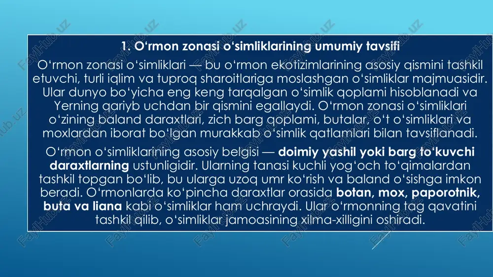 uk, paporotniklar va lianalar. daraxtsimon butalar va o‘rmon chetlari o‘simliklari: o‘rmonlarning pastki qatlamida yoki chet hududlarida butalar, o‘tlar, moxlar va qo‘ziqorinlar o‘sadi. masalan: itburun (rosa canina), smorodina, malin, zirk va boshqalar.  2. o‘rmon o‘simliklarining tuzilishi  o‘rmon o‘simliklarining tuzilishi murakkab bo‘lib, u qatlamli (vertikal) tuzilishga ega:  yuqori qatlam (daraxtlar qatlami): eng baland daraxtlar (20–50 metr) quyosh nurini to‘sadi. bu qatlamda quyoshga to‘liq chiqadigan turlar — eman, qarag‘ay, lipa va zaranglar joylashadi.  o‘rta qatlam (butalar qatlami): 2–5 metr balandlikdagi o‘simliklar: itburun, zirk, smorodina, malin, saksovul va boshqalar. ular yorug‘likning bir qismini oladi va daraxtlar orasidagi joyni to‘ldiradi.  pastki qatlam (o‘t o‘simliklari va moxlar): namlik yuqori bo‘lgan joylarda turli o‘t o‘simliklari, moxlar, qo‘ziqorinlar, paporotniklar o‘sadi. bu qatlam o‘rmon tuprog‘ini himoya qiladi, chirindi hosil bo‘lishiga yordam beradi.  yer osti qatlam (ildiz tizimi): o‘rmon o‘simliklarining ildizlari chuqur joylashgan bo‘lib, suv va mineral moddalarning aylanishida muhim rol o‘ynaydi. ba’zi daraxtlarning …